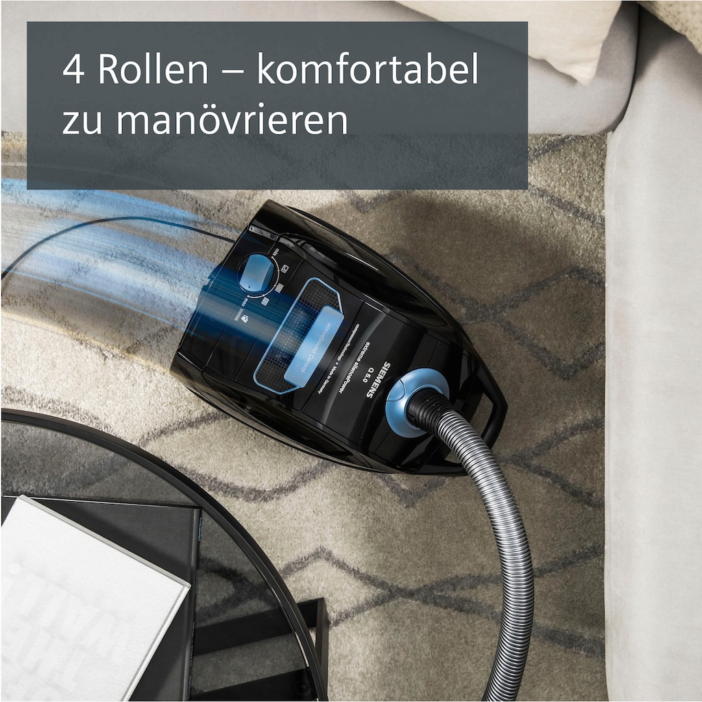 SIEMENS Bodenstaubsauger »Q 5.0 extreme silencePower VSQ5X1230, Made in Germany, Hygiene-Filter«, 850 W, mit Beutel, hohe Saugkraft, integriertes Zubehör, langes Kabel, leise, schwarz