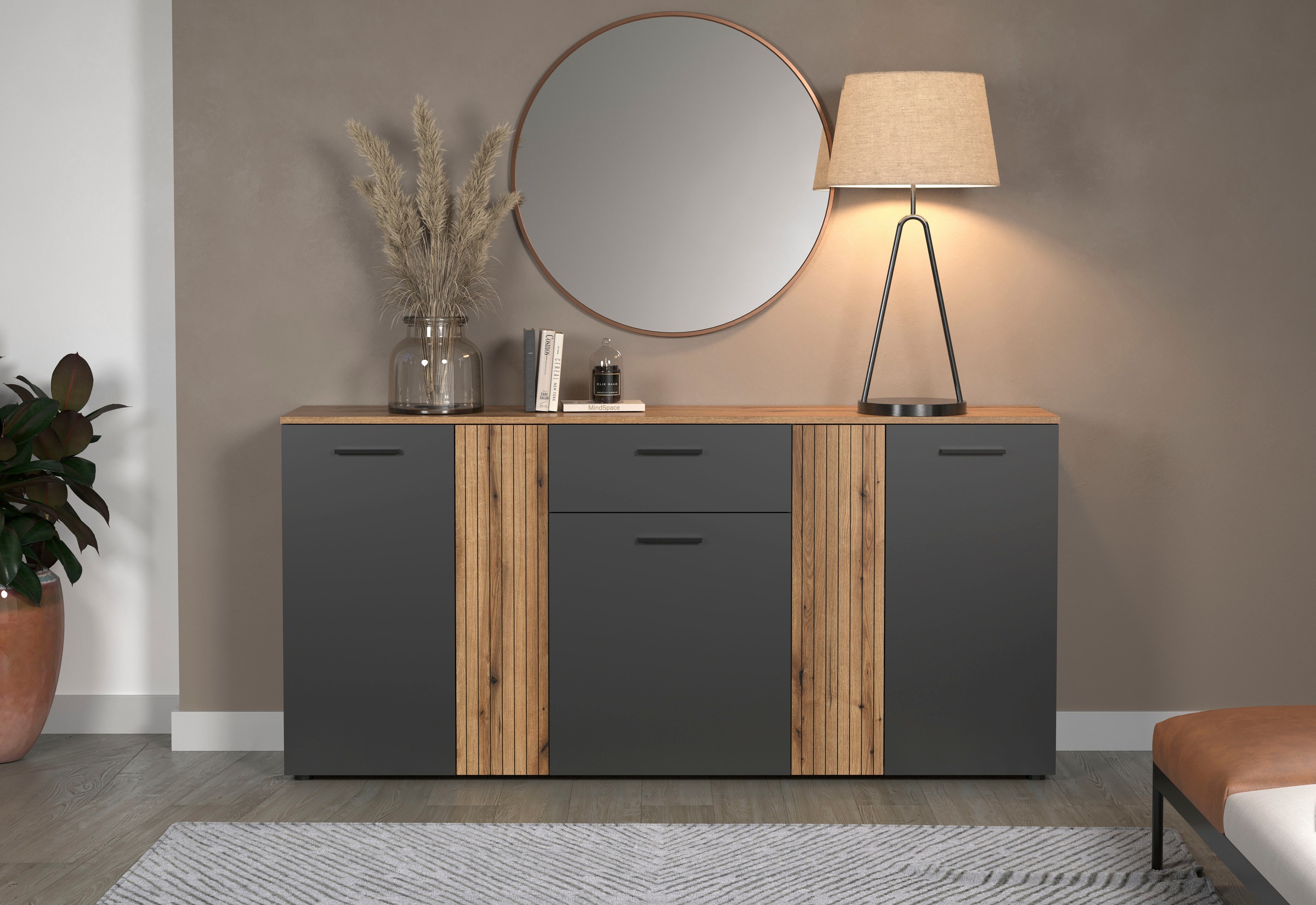 Home affaire Kommode »Estepona« Sideboard mit anpassbaren Türen mit Rillen-Optik