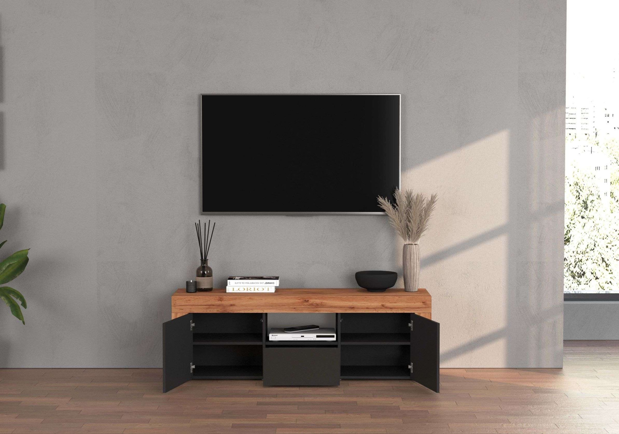 INOSIGN Lowboard »CHRONOS Breite 155 cm mit 2 Türen, 1 Schublade,1 offenes Fach«, (1 St.), TV-Board, Sideboard niedrig, Grifflos mit Push to Open 'Made in Italy'