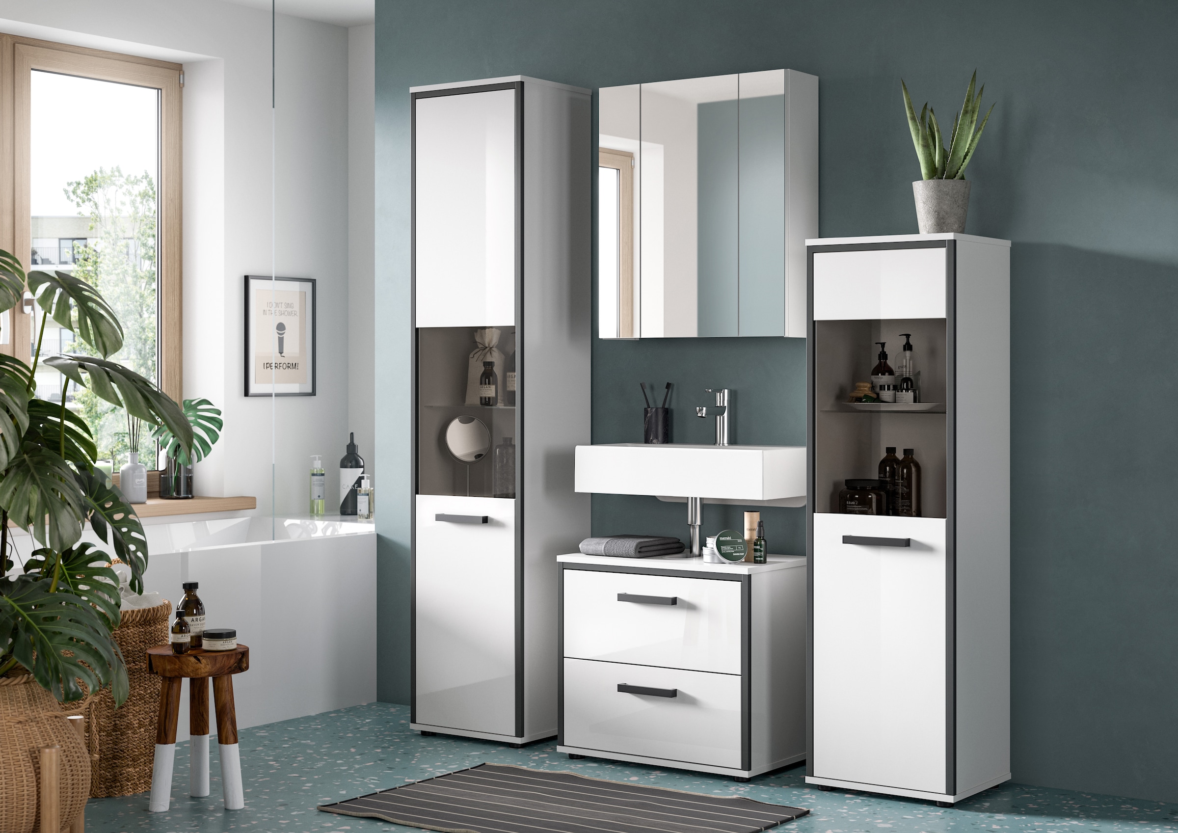 welltime Badmöbel-Set »KAJO, 3-tlg. Badkombination, weiß hochglanz« Set, Set, best. aus:1Hochschrank,1Spiegelschrank,1Waschbeckenunterschrank, 3 Stk. tlg.