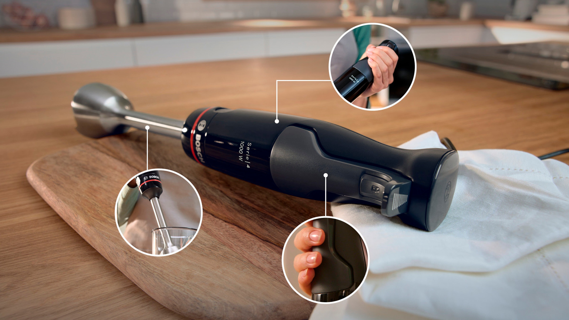BOSCH Stabmixer »ErgoMaster Serie 4 MSM4B610, 4 Klingen, Mixfuß Edelstahl, schwarz«, 1000 W, Becher, großer Bedienhebel, Keramikkupplung, Made in Europe