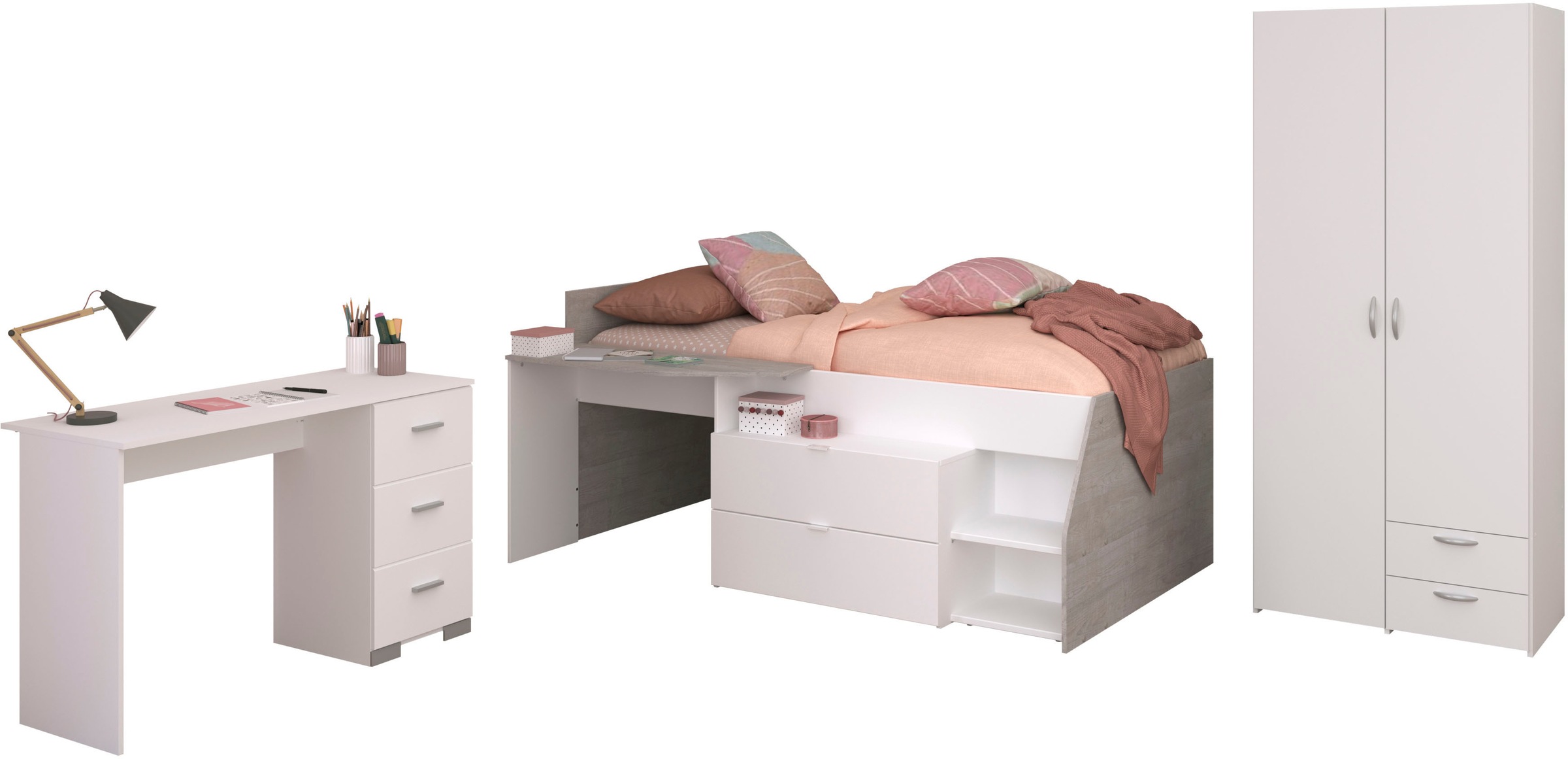 Parisot Jugendzimmer-Set »Parisot Milky 13«, (3 tlg.), viel Stauraum, halbhohes Hochbett