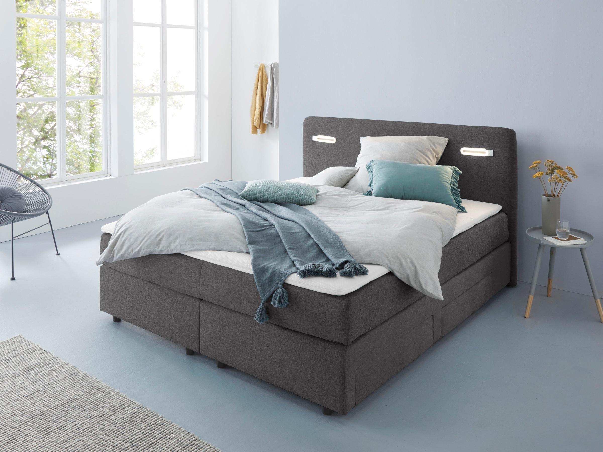 INOSIGN Boxbett »Luan«, Schubkästen, LED-Beleuchtung und Topper, in Breite 120 cm und 180 cm