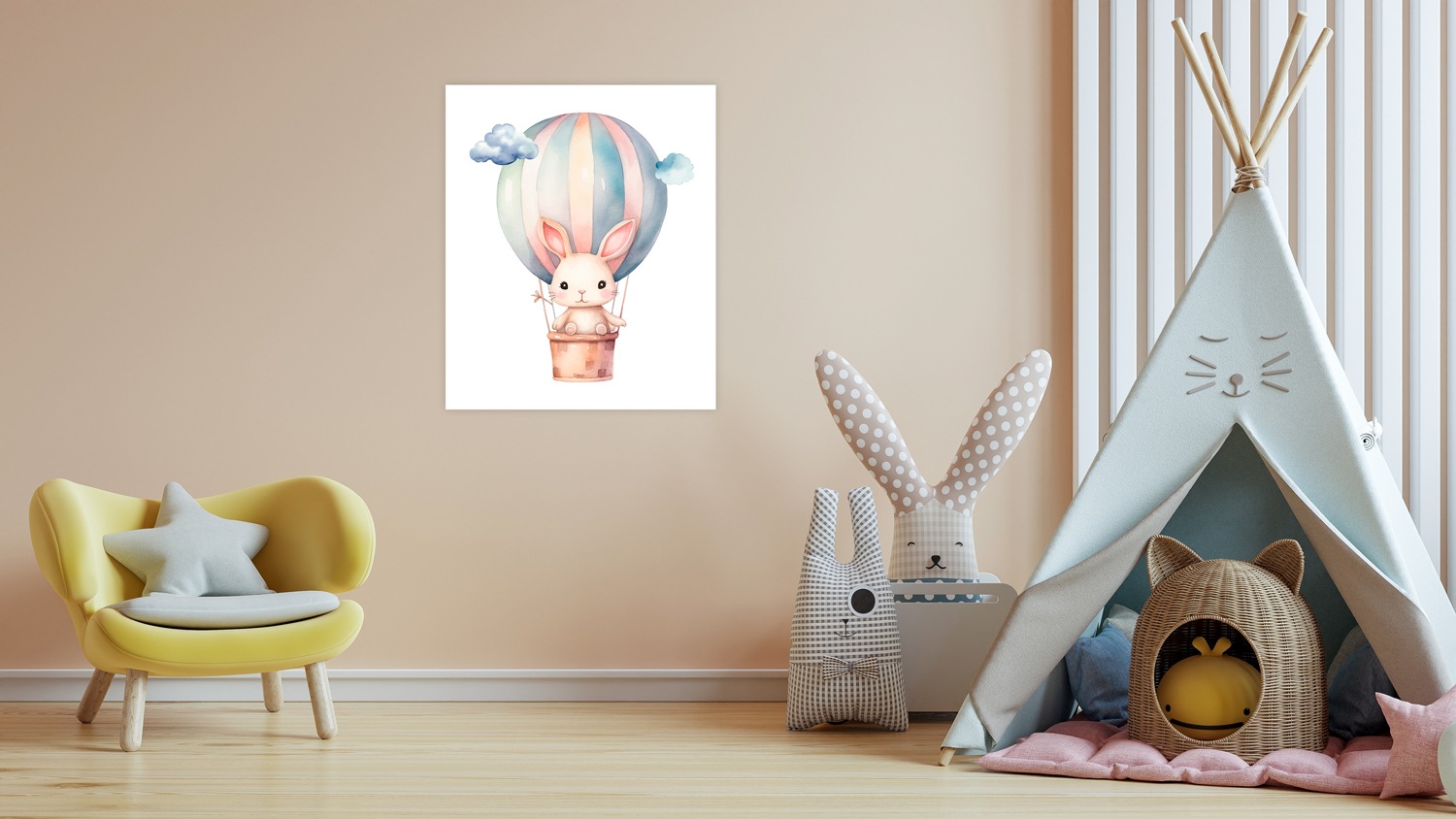 Lüttenhütt Poster »Hase im Heißluftballon am Himmel«, Ballonfahren-Fantasy-Hase-Hasen-Heißluftballon-Tiere, (1 St.), HD Premium Druck