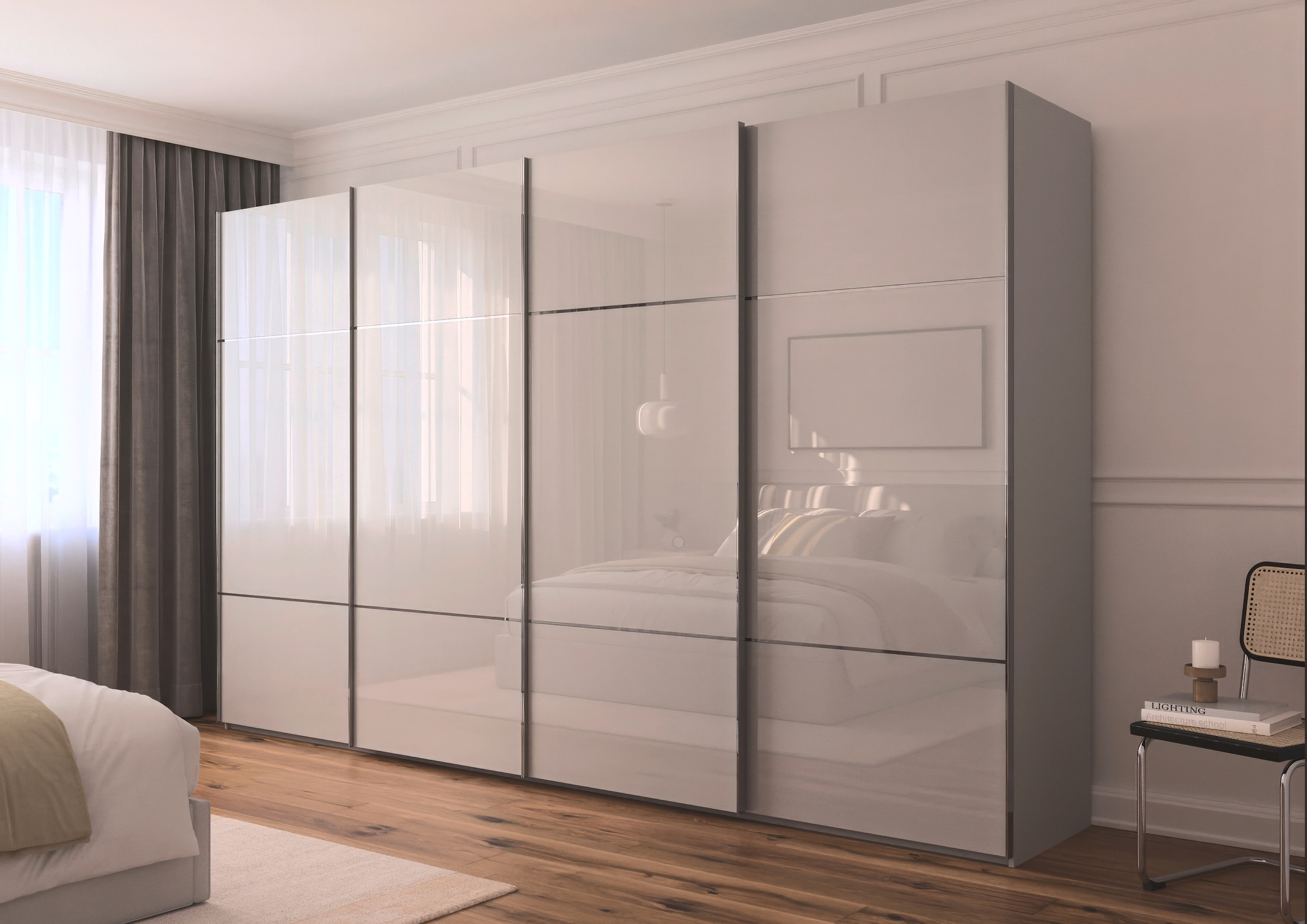 rauch Schwebetürenschrank »Kleiderschrank Schrank Garderobe Schlafzimmerschrank SCALE-TRIO«, edle dreigeteilte Front mit 2 Zierleisten Glasfront MADE IN GERMANY