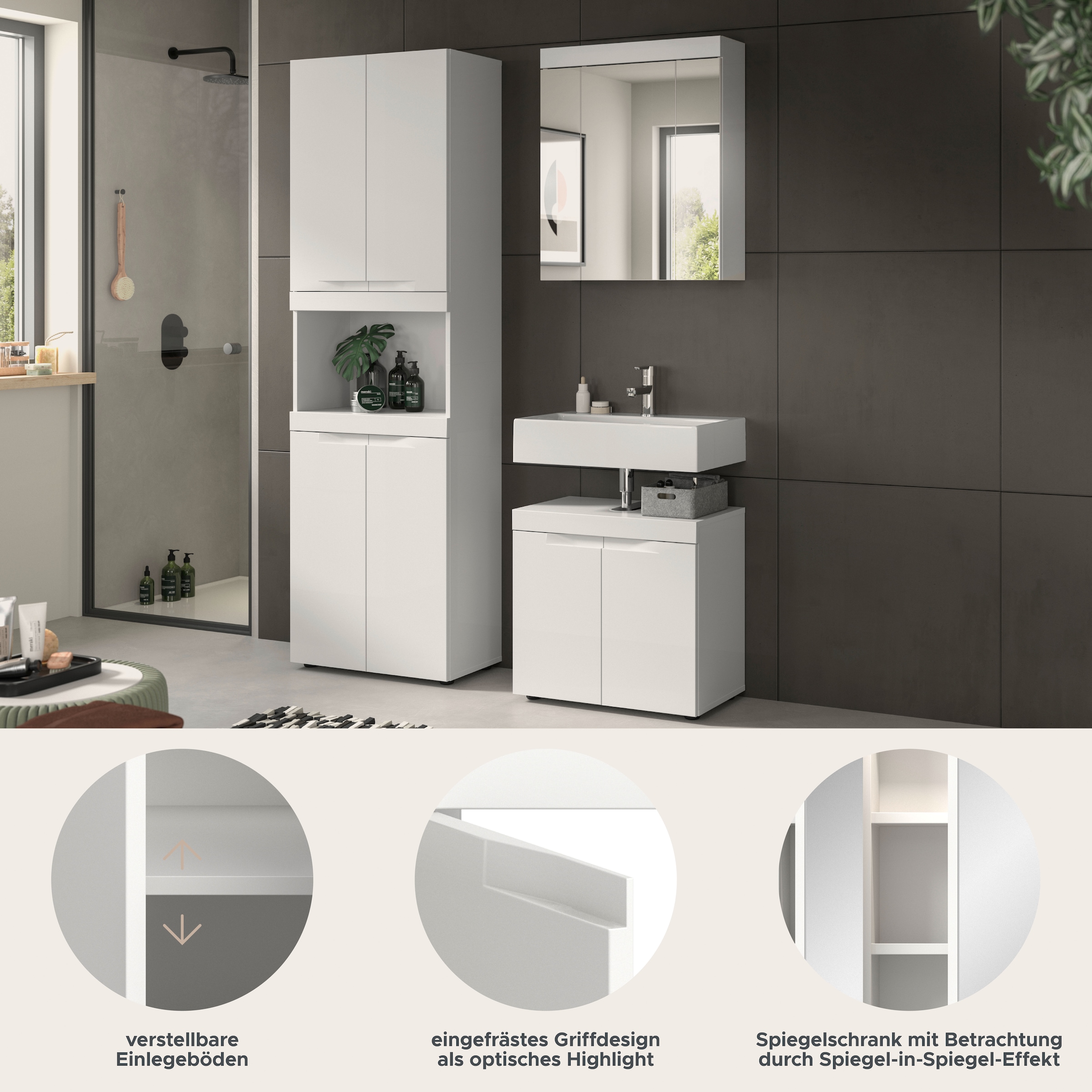 OTTO home Badmöbel-Set »MAOI, 3-tlg. Badkombi, hochwertige MDF Front, optional mit Beleuchtung«