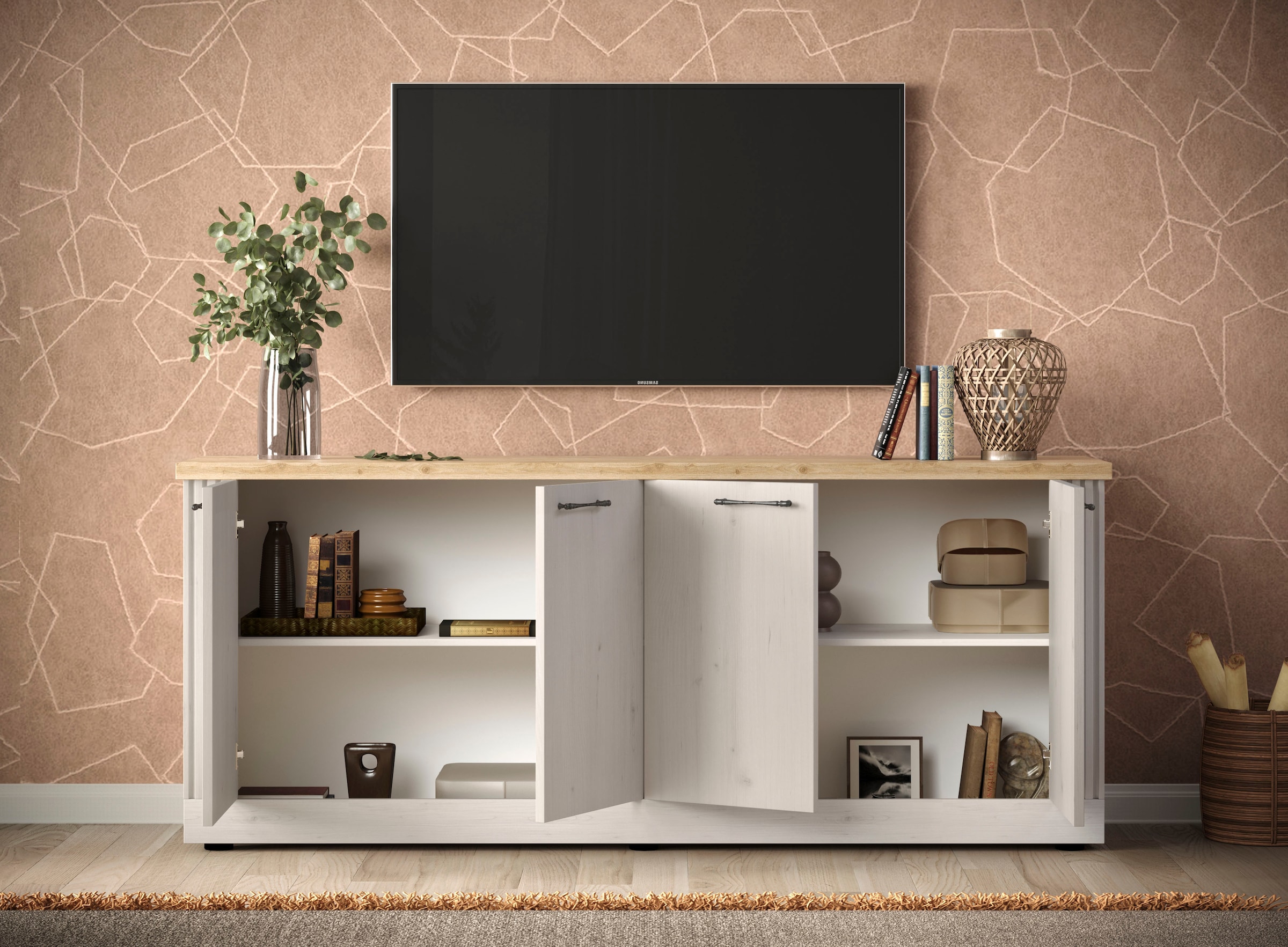 Home affaire Sideboard »Country Breite 211 cm, Kommode mit 4 Türen, Anrichte im«, Landhausstil, viel Stauraum, mit Metallgriffe, MDF Rahmen