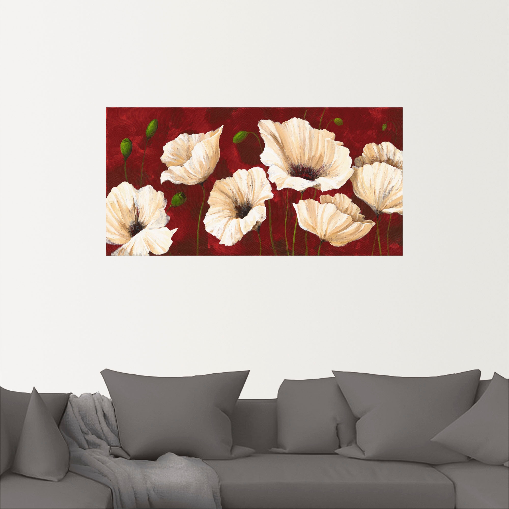Artland Wandbild »Weiße Mohnblumen vor rot«, Blumen, (1 St.), als Alubild, Outdoorbild, Leinwandbild, Poster, Wandaufkleber