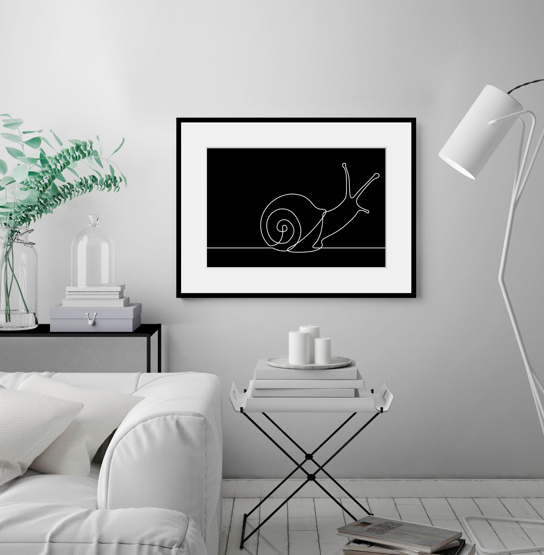 queence Bild »Schnecke«, Tiere-Schwarz-Weiß-Figuren-Abstrakt, (1 St.), HD Premium Poster-Druck inkl. Holzrahmen