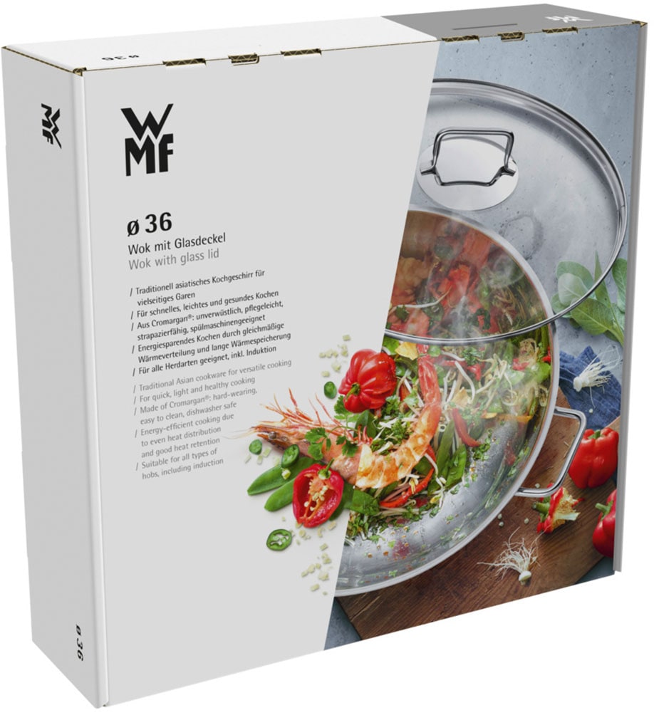 WMF Wok »Macao, Ø 36 cm, Wokpfanne mit Glasdeckel, induktionsgeeignet« Cromargan® Edelstahl Rostfrei 18/10 1 Stk. tlg. für alle gängigen Herdarten geeignet, spülmaschinengeeignet