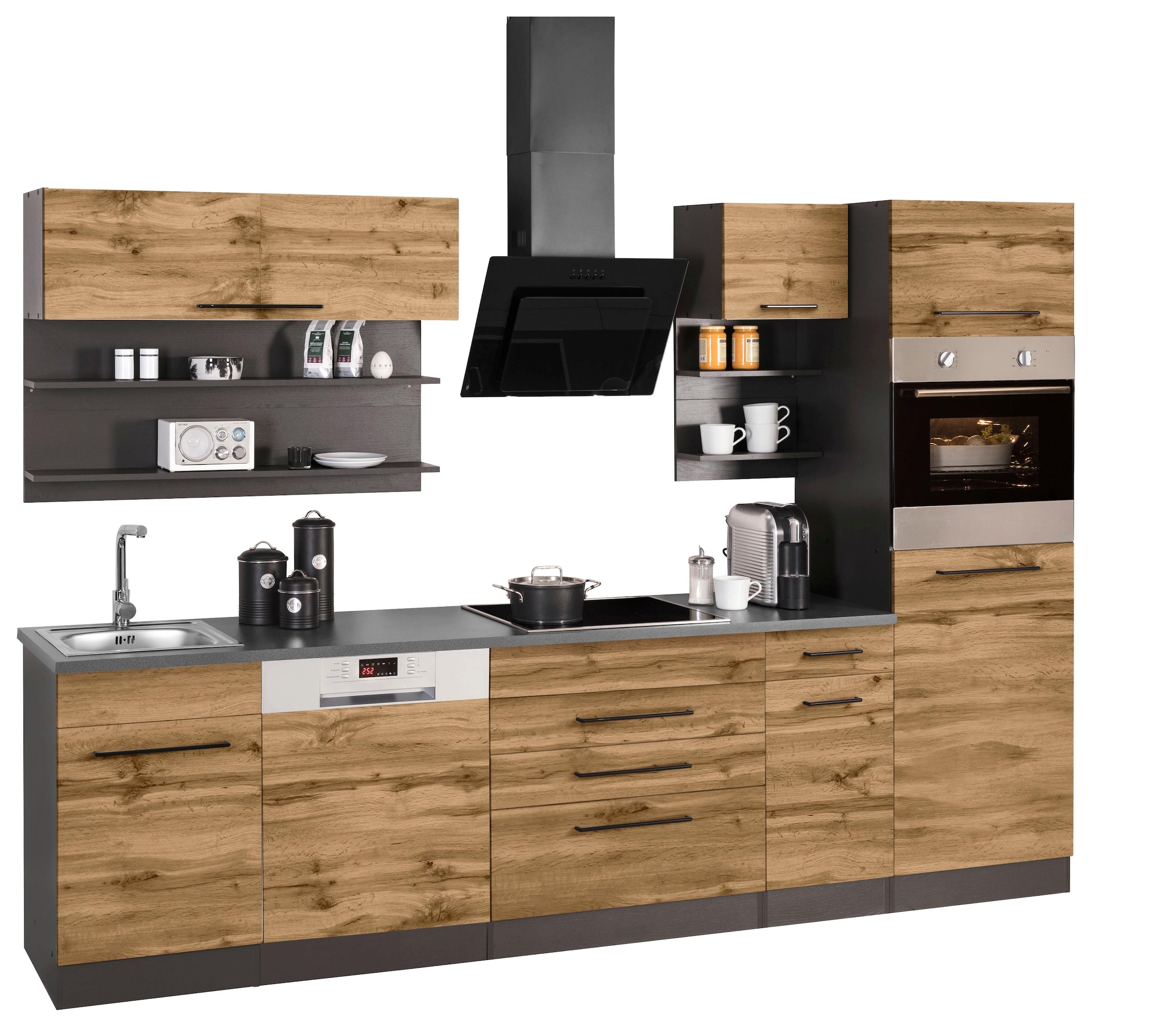 KOCHSTATION Küchenzeile »KS-Tulsa« mit E-Geräten, Breite 290 cm, schwarze Metallgriffe, MDF Fronten