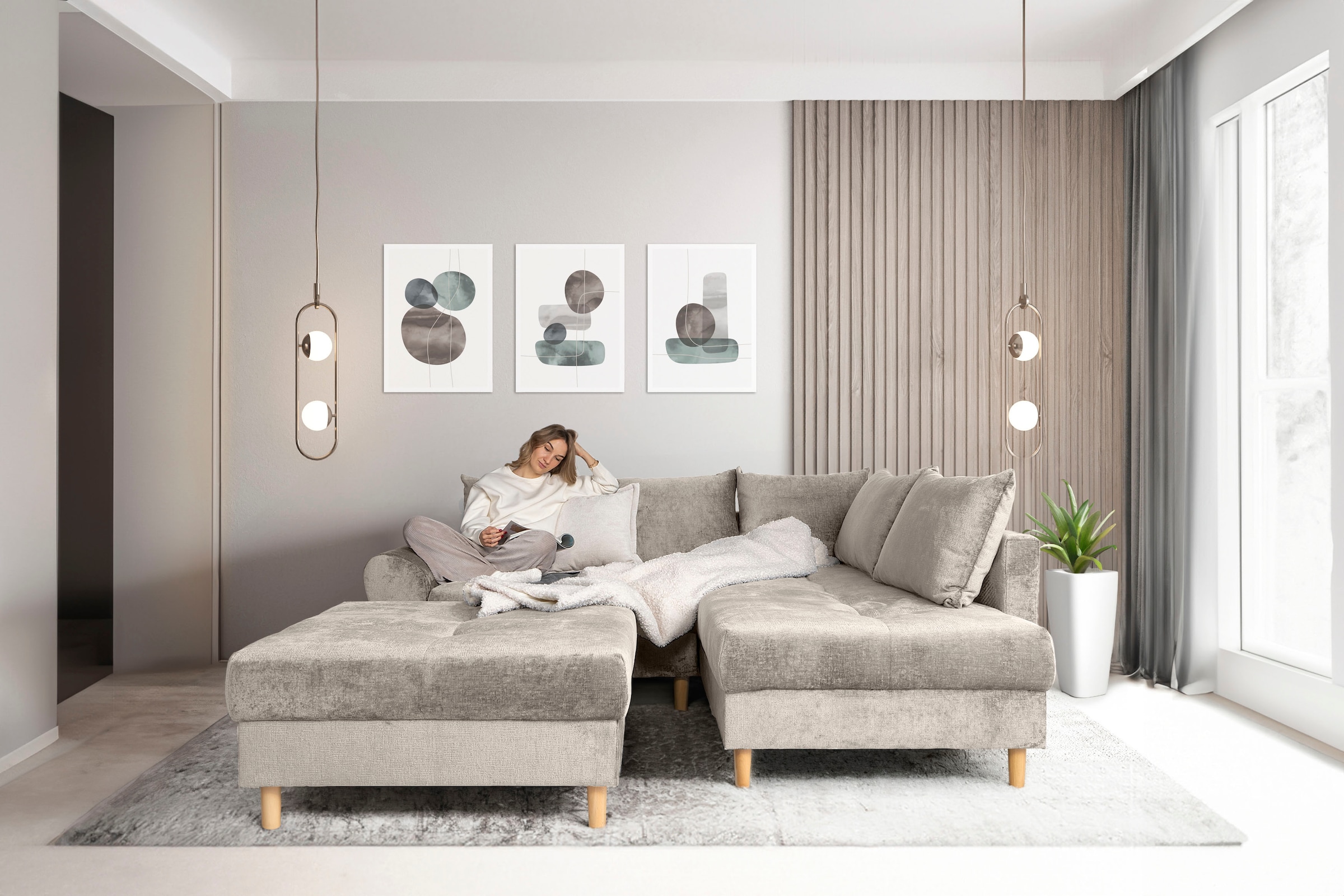 COLLECTION AB Ecksofa »Reims L-Form«, Ottomane beidseitig montierbar, inkl. Bettfunktion und Hocker