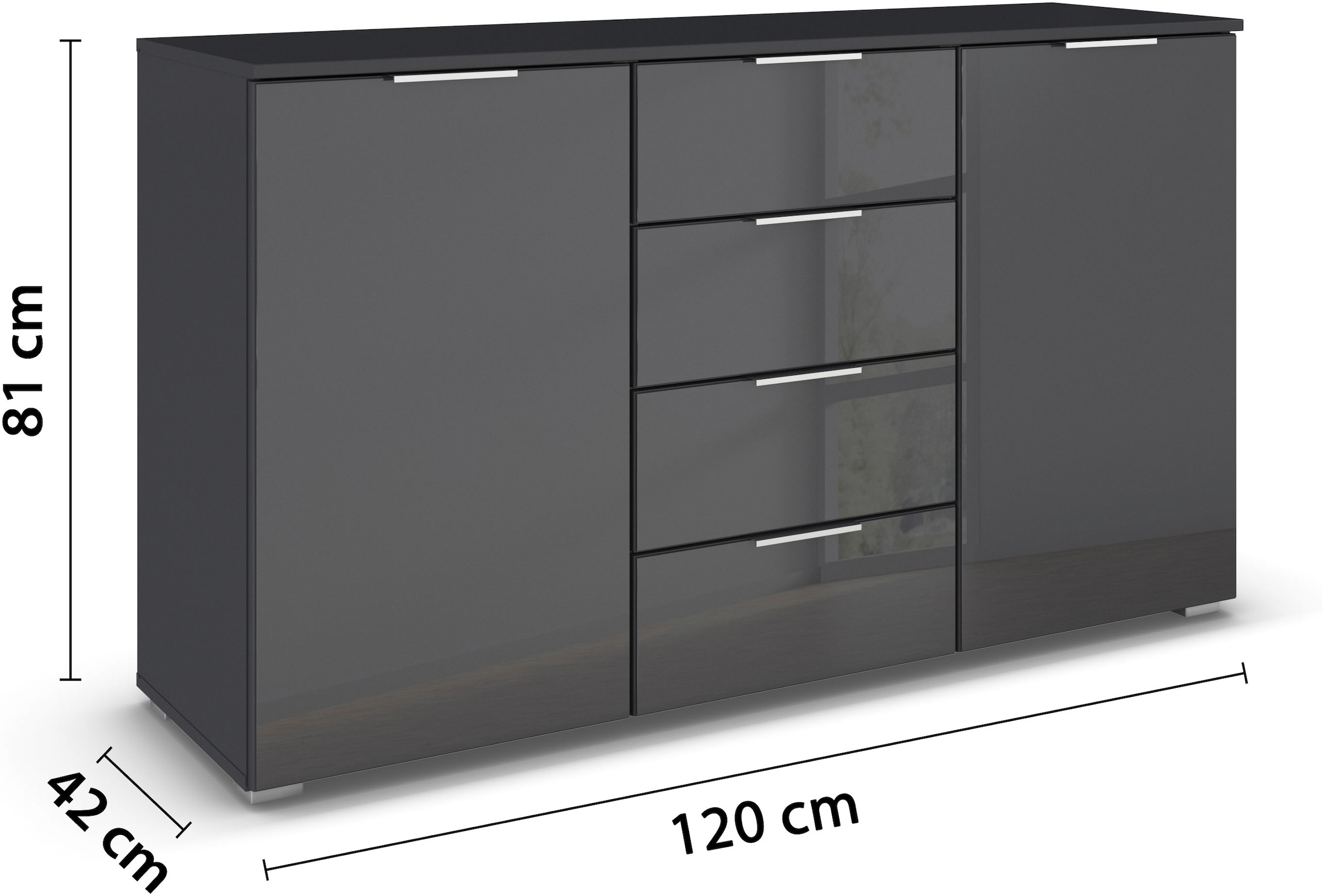 rauch Kombikommode »Sideboard Kombikommode Schubladenkommode AGORDO mit Glasfront«, (in zwei Griff-Farben, Breite 120 cm), vier große Schubladen, mit insgesamt 4 Einlegeböden MADE IN GERMANY