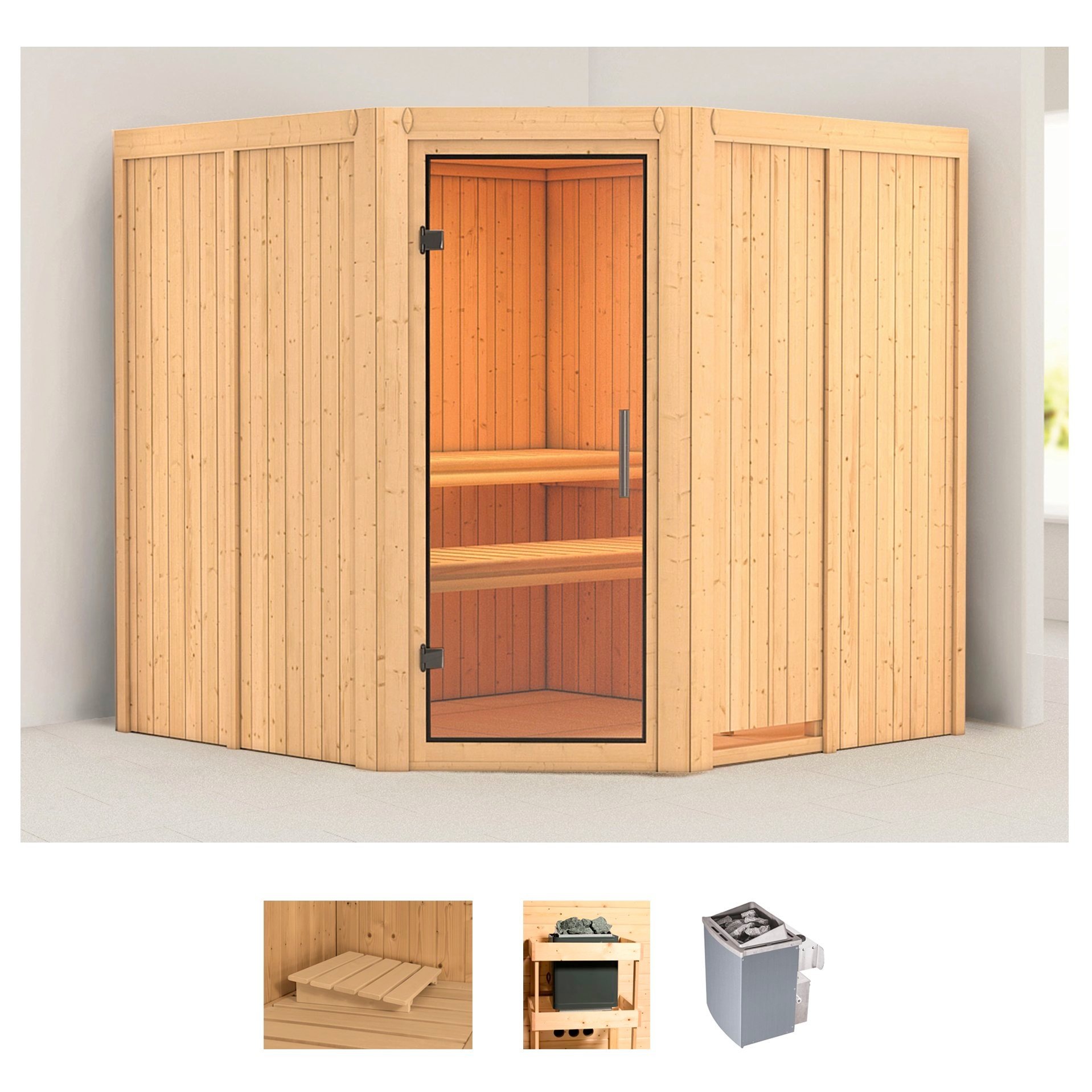 KARIBU Sauna »Jarin« Set, Ofen 9 kW integr. Strg naturbelassen