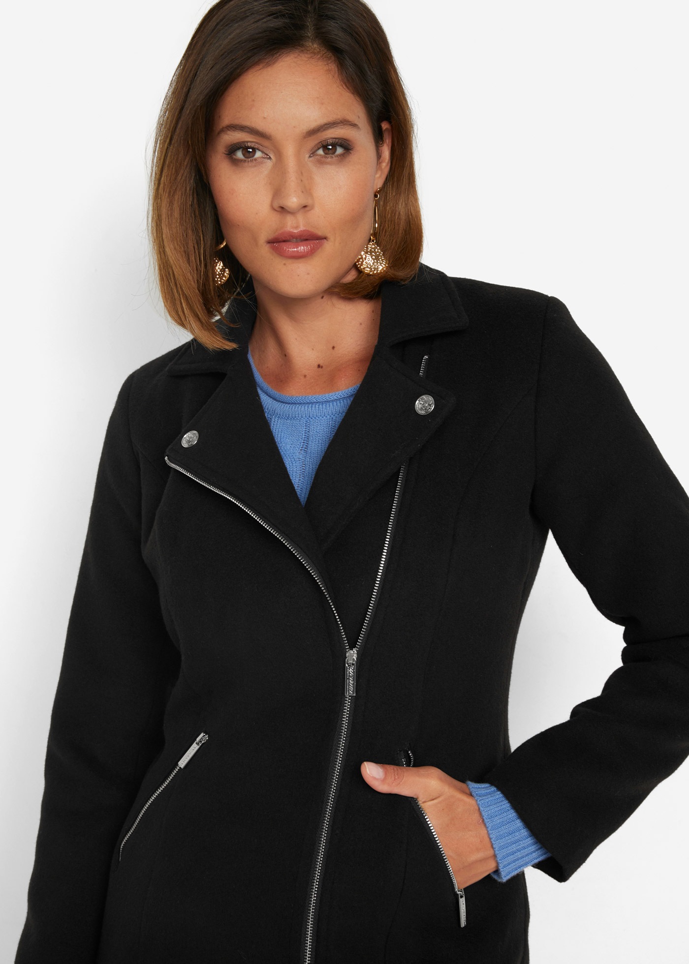 bonprix Kurzmantel im Blazer-Stil, mit asymmetrischem Zipper und Reversekragen