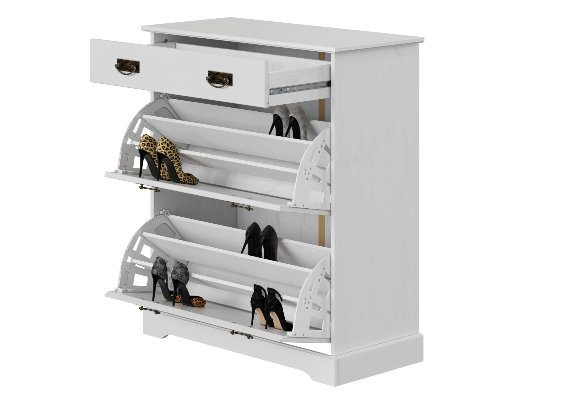 Home affaire Schuhkommode »Lille Schuhkipper, ca. 8 Paar Schuhe, Metallgriffe in Jugendstil Optik«, aus massiver Kiefer, Breite 81 cm, dekorativer Lilien-Fräsung