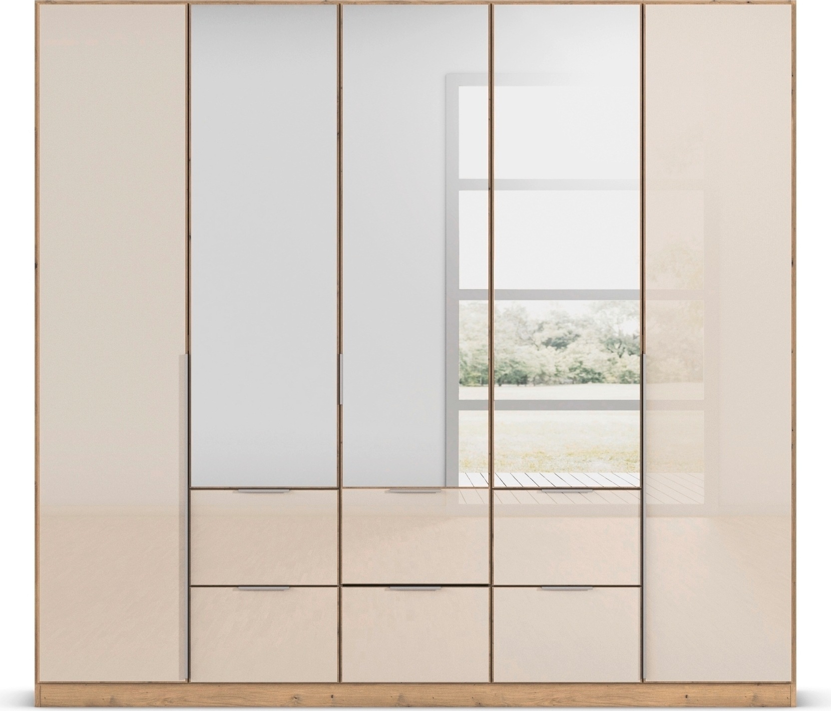 rauch Drehtürenschrank »Kleiderschrank Schrank Garderobe Wäscheschrank Schlafzimmer AGORDO«, (in zwei Griff-Farben mit Glasfront), mit Außenschubkästen, in 6 Breiten und 2 Höhen MADE IN GERMANY