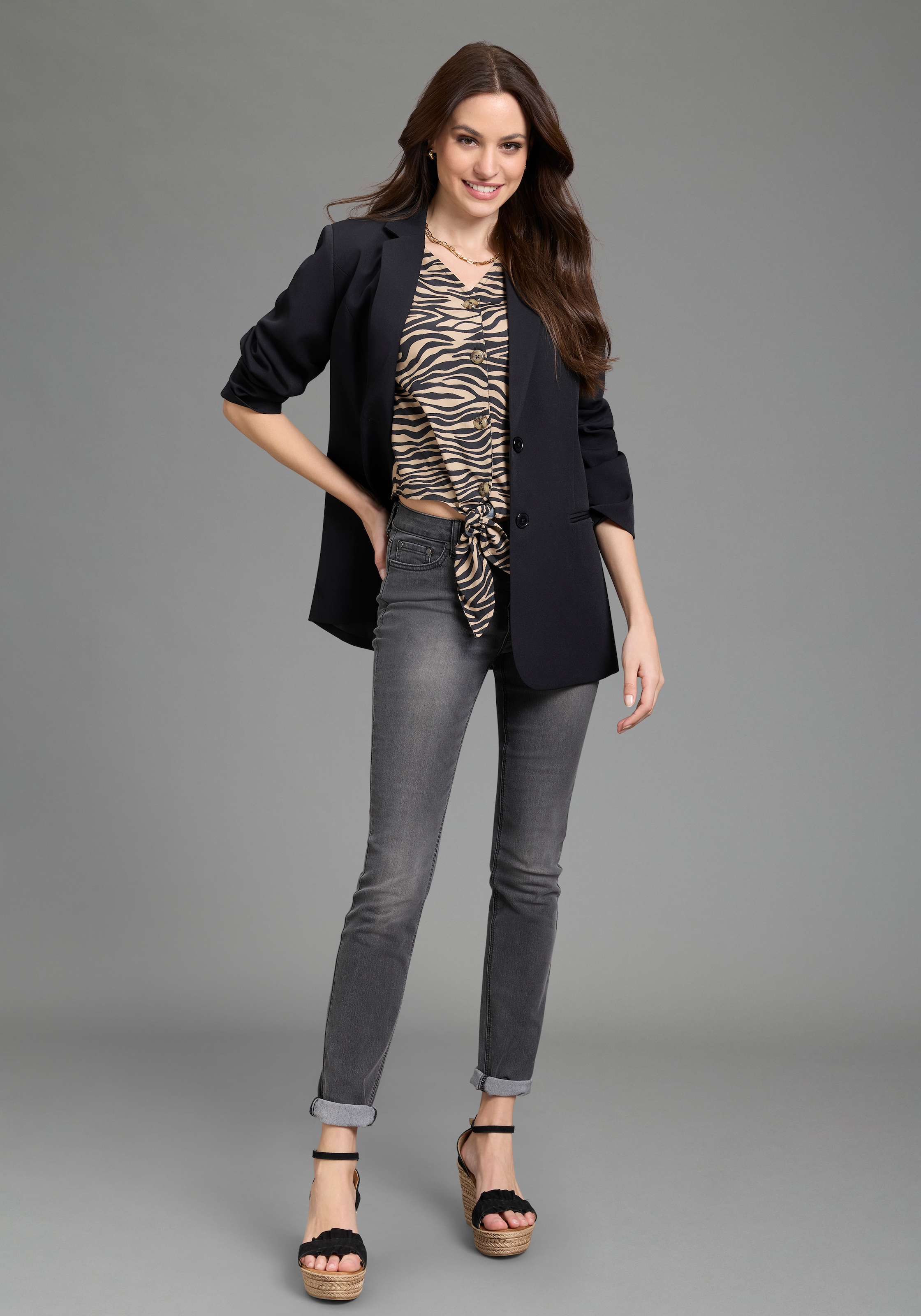 Laura Scott Kurzarmbluse femininer Stil, mit Knöpfen, aus Polyester, bedruckt