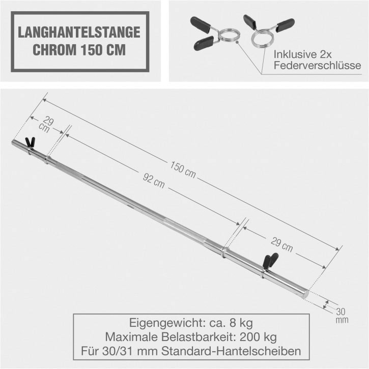 GORILLA SPORTS Langhantelstange »Langhantelstange Chrom 150 cm«, Chrom, 150 cm, (1 x Langhantelstange (100066), inkl.:
2 x Federverschluss)