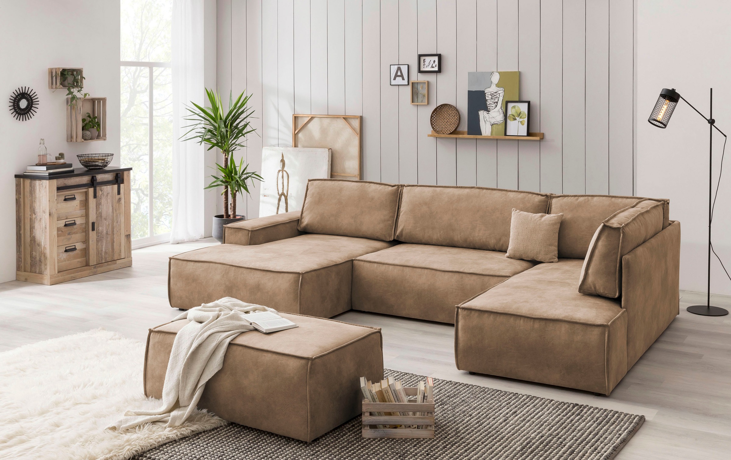 Home affaire Wohnlandschaft »SHERWOOD 329 cm, U-Form, Schlafsofa,«, Schlaffunktion m. Bettkasten (194x139 cm), Cord, Vintage, Samtvelours
