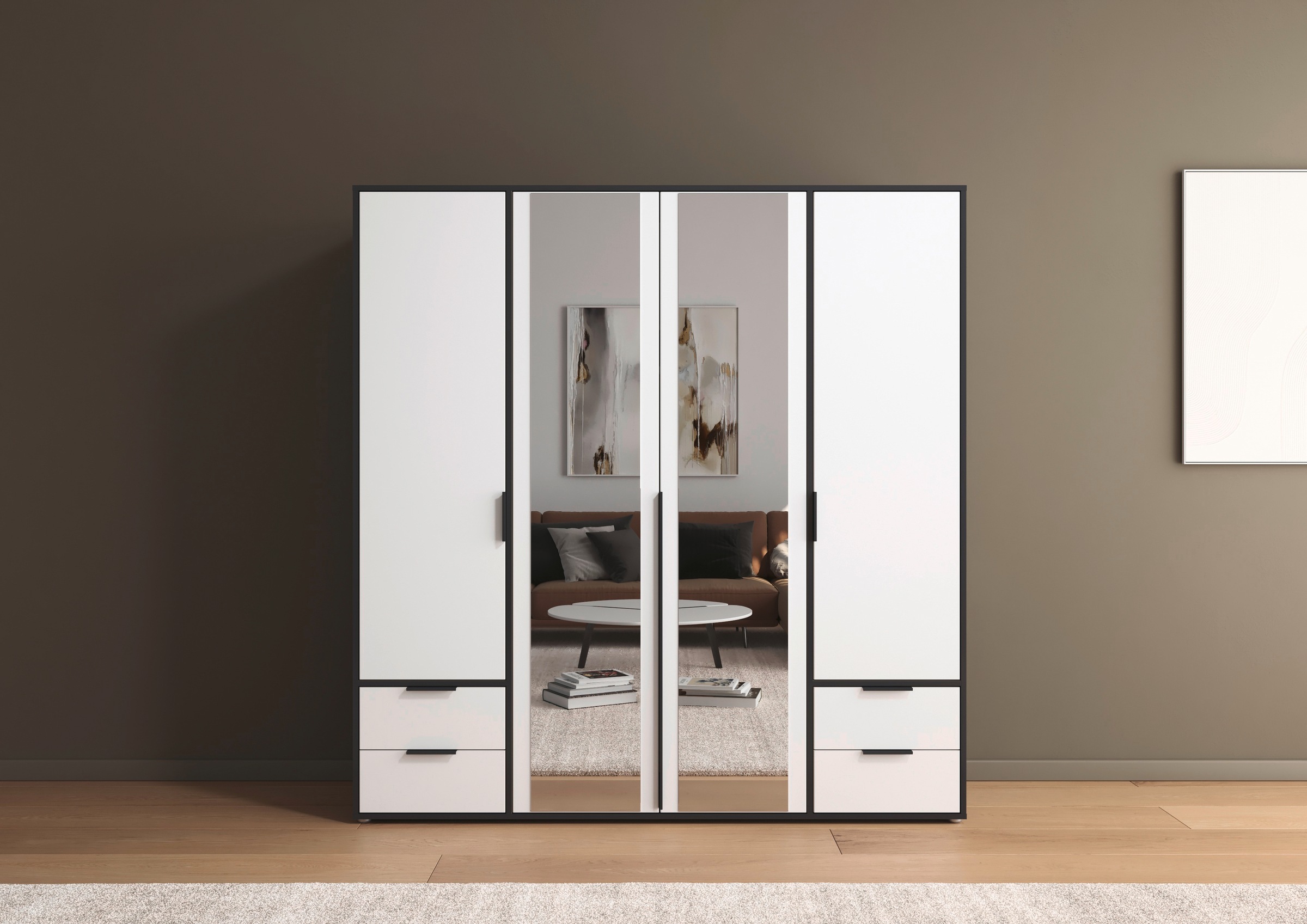 rauch Drehtürenschrank »Kleiderschrank Schrank Garderobe Wäscheschrank NAGATA mit Spiegel«, (in 3 verschiedenen Ausstattungen BASIC/CLASSIC/PREMIUM), und Schubladen sowie Stangengriffen TOPSELLER MADE IN GERMANY
