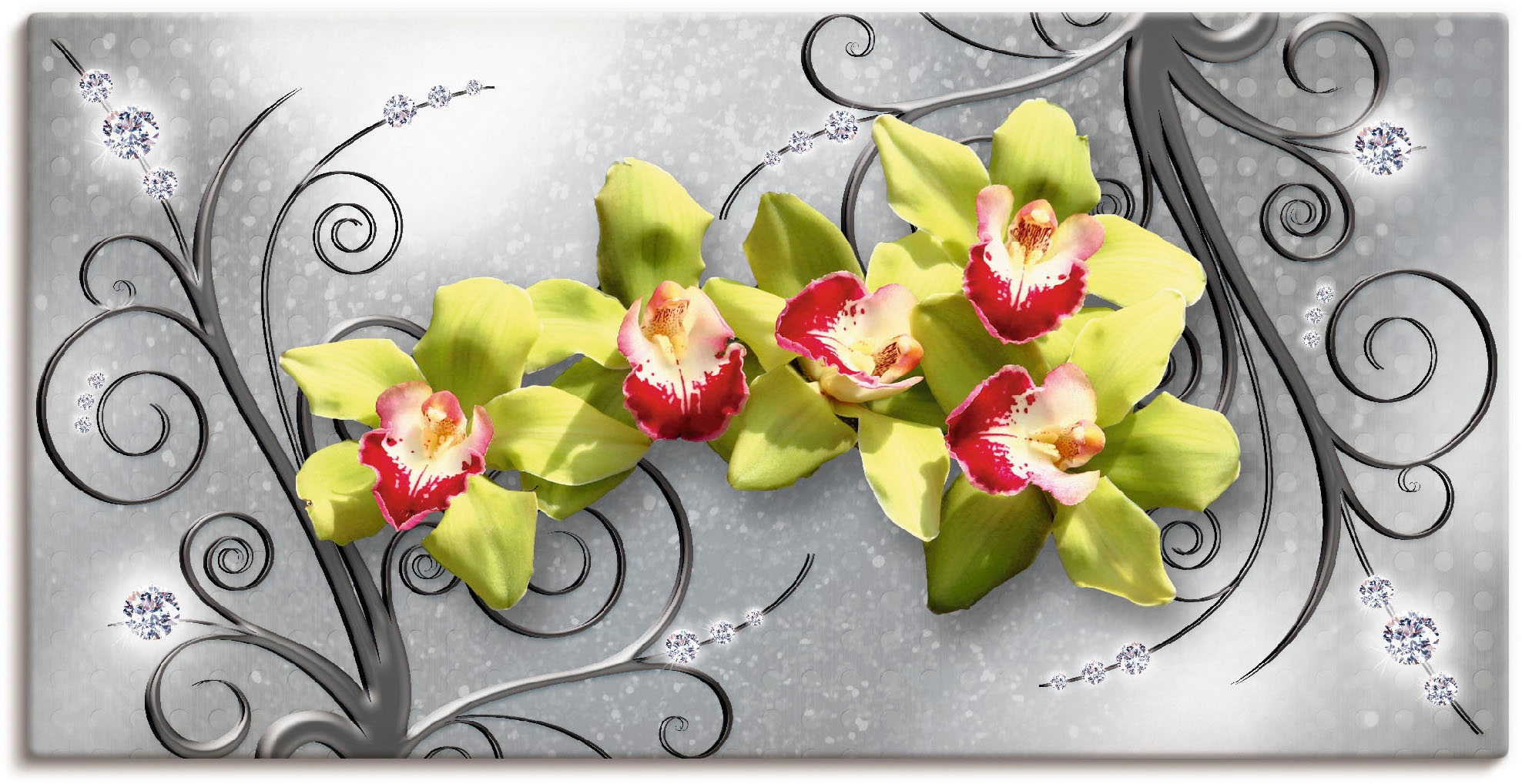 als (1 Größen Wandbild St.), Ornamenten«, Orchideen Alubild, Poster online oder in versch. Blumenbilder, Artland Wandaufkleber auf kaufen »Grüne Leinwandbild,