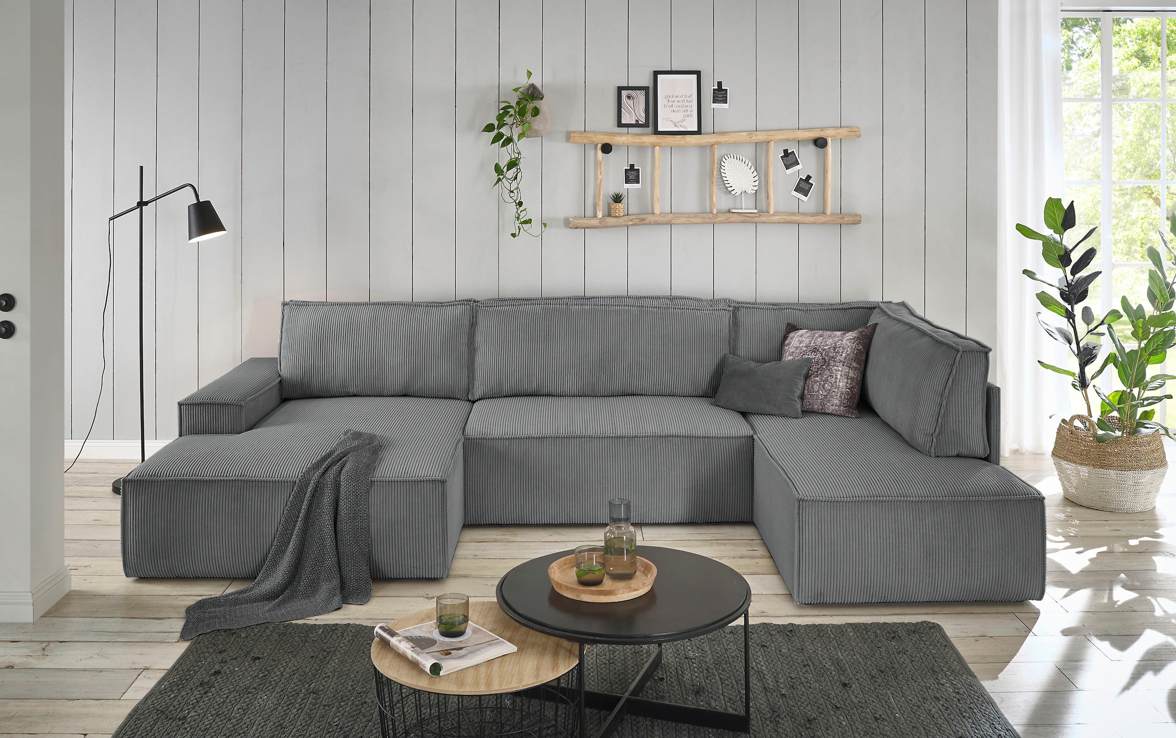 Home affaire Wohnlandschaft »SHERWOOD 329 cm, U-Form, Schlafsofa,«, Schlaffunktion m. Bettkasten (194x139 cm), Cord, Vintage, Samtvelours