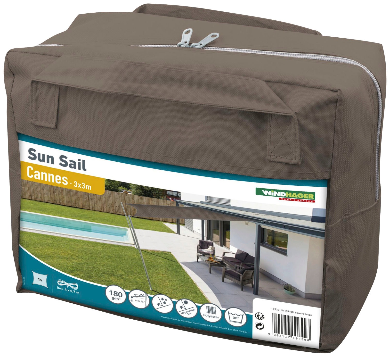 Windhager Sonnensegel »Cannes Quadrat« 3x3m, taupe