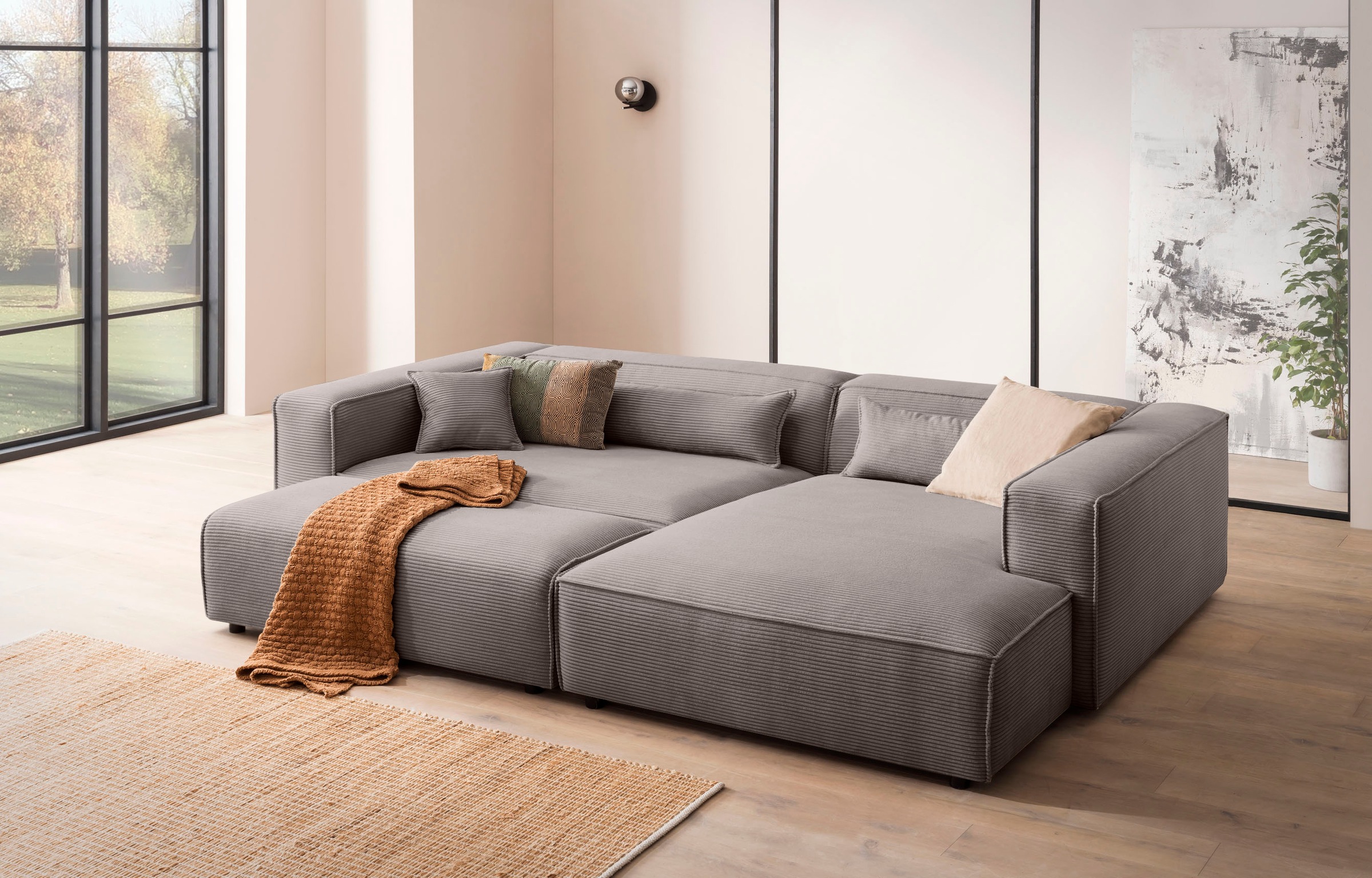 LeGer Home by Lena Gercke Polsterecke »PIARA XXL, L-Form mit Schlaffunktion, Big-Sofa in Cord o. Leinenoptik«, Hocker stellbar zum Schlafsofa (Krokodilverbinder), tiefe Sitzfläche