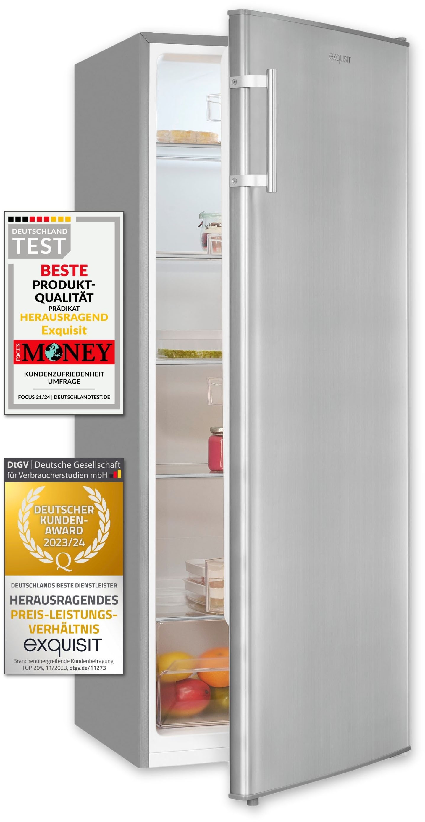 exquisit Vollraumkühlschrank »KS320-V-H-040D inoxlook« 142,6 cm hoch 54,5 cm breit Flexibel & effizient: 242 L Kühlschrank mit Abtau-Automatik