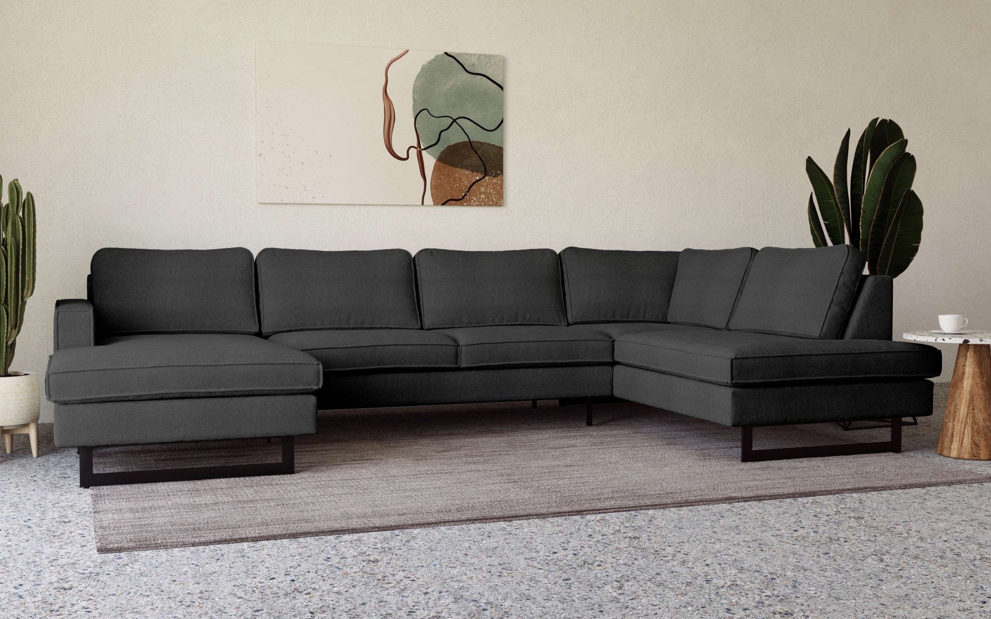Places of Style Wohnlandschaft »Pinto, 350 cm, U-Form, XXL, mit Ottomanen«, Cord, Chenille, Lederoptik, mit Keder, Metallfüße, Wellenunterfederung