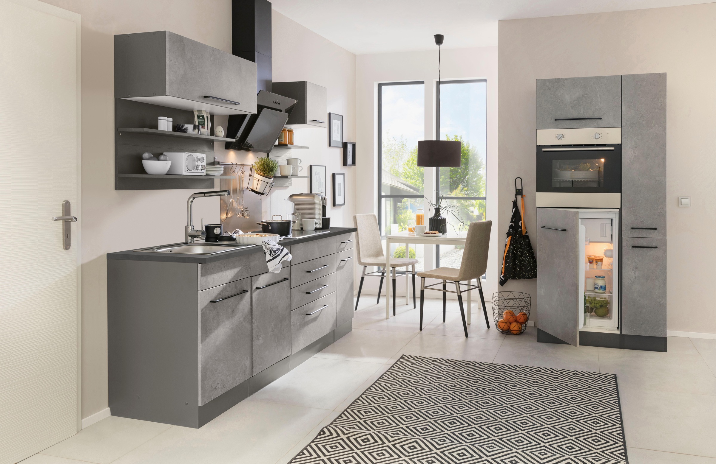 KOCHSTATION Küchenzeile »KS-Tulsa«, mit E-Geräten, Breite 320 cm, schwarze Metallgriffe, MDF Fronten