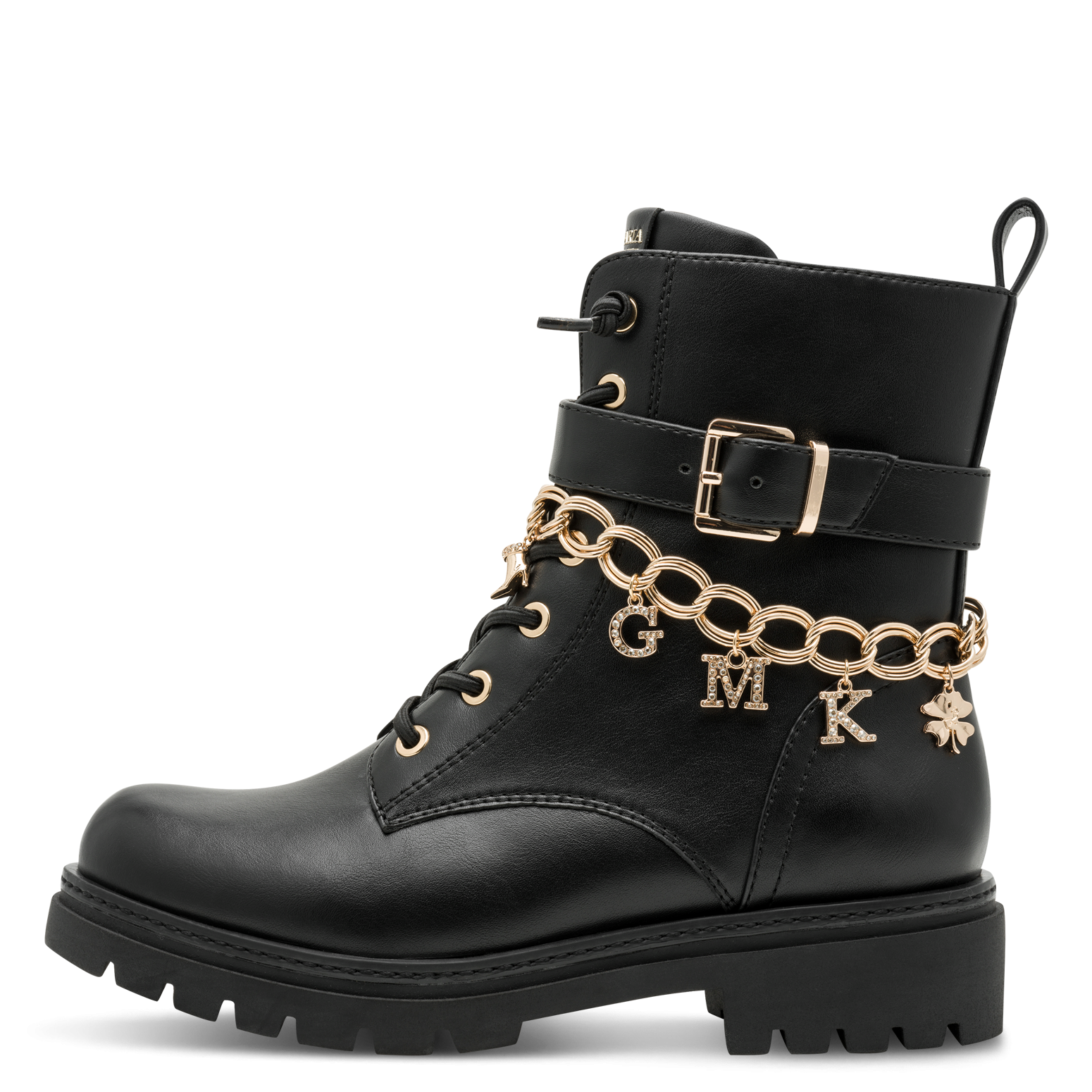 MARCO TOZZI by GMK Schnürstiefelette  Blockabsatz, Schnürboots mit edler Zierkette mit GMK-Lettern