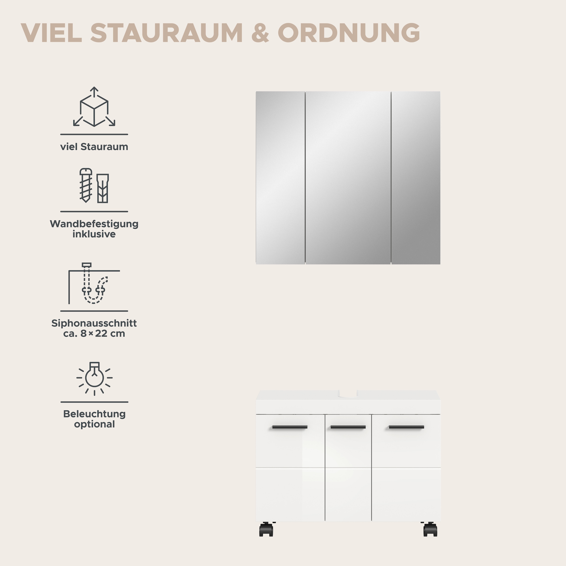 welltime Badmöbel-Set »AVON, Breite 82 cm, 2-teilige moderne Badkombination, auf Rollen« bestehend aus: Waschbeckenunterschrank & Spiegelschrank, 2 Stk. tlg.