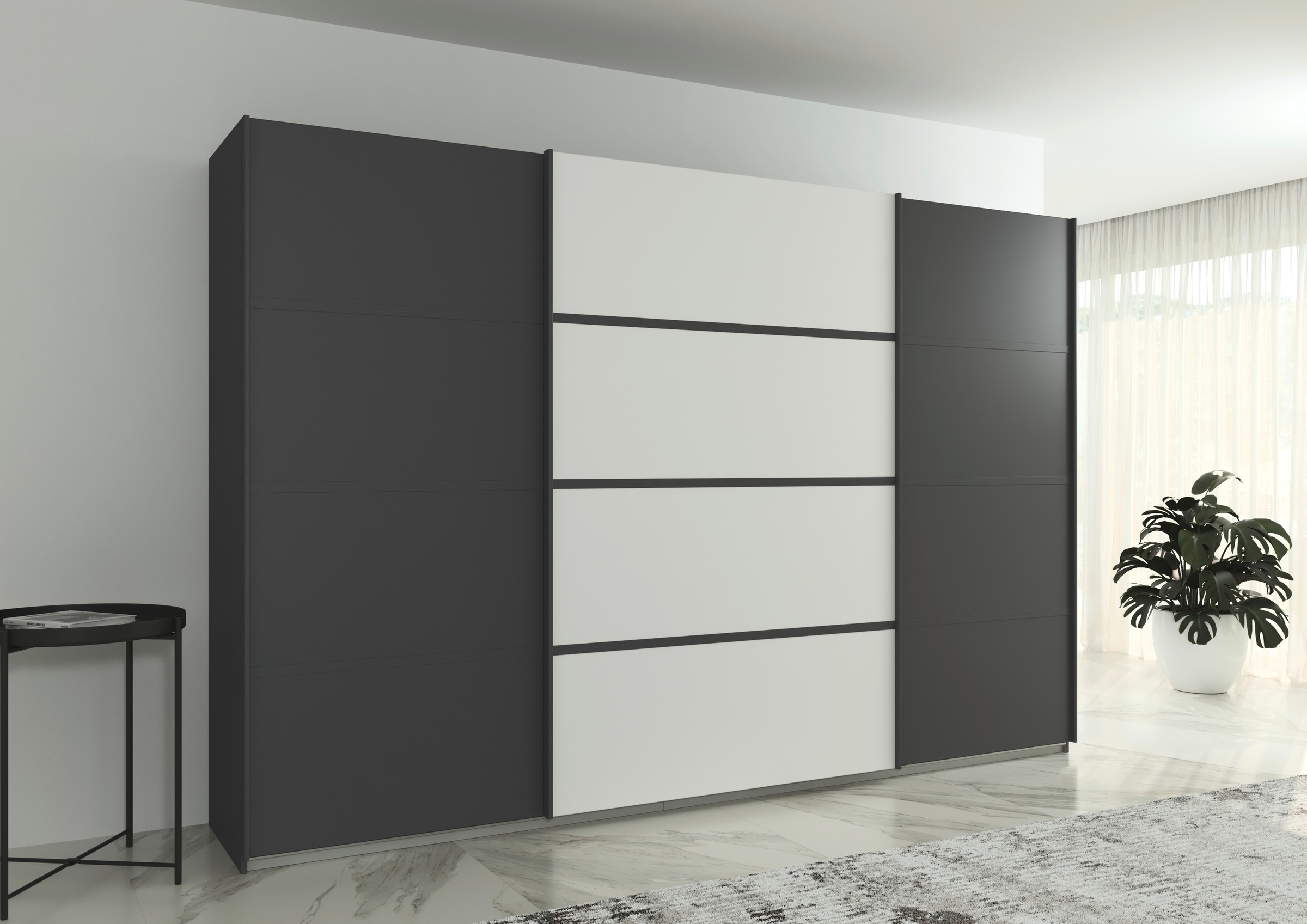 rauch Kleiderschrank »Schwebetürenschrank OTTO´s Choice Garderobe Schrank TOP ANGEBOT Avola«, (in 3 verschiedenen Ausstattungen BASIC/CLASSIC/PREMIUM), mit eleganten Zierleisten in Chrom, Schwarz oder Weiß MADE IN GERMANY