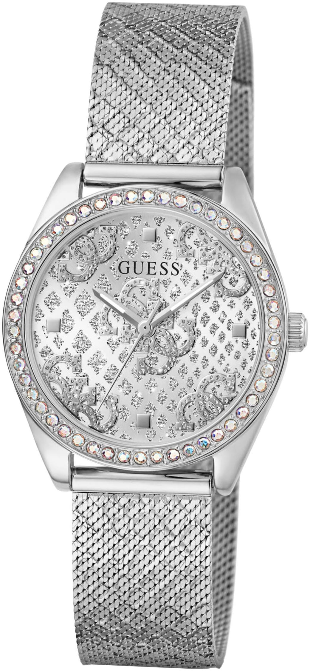 Guess Quarzuhr »BOA«, Armbanduhr, Damenuhr, Kristallsteine, Mineralglas, Edelstahlarmband