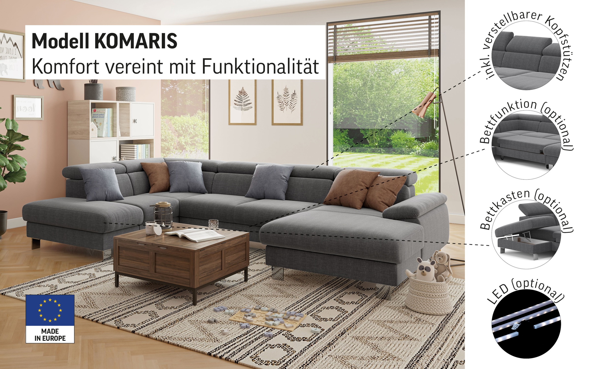 COTTA Wohnlandschaft »Komaris U-Form, B: 320 cm« mit Kopfteilverstellung, o günstig online kaufen