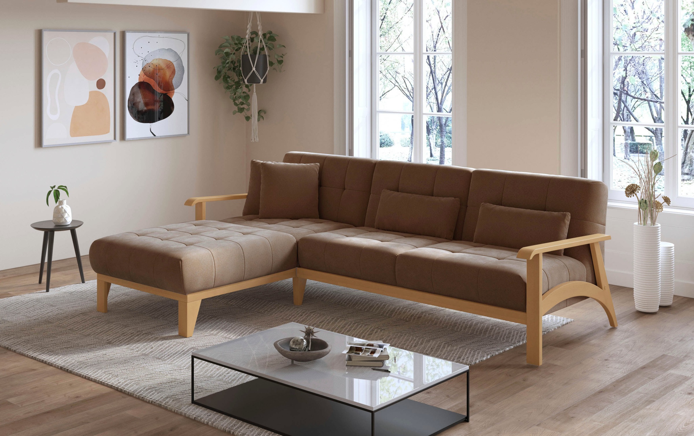 sit&more Ecksofa »Billund L-Form«, Armlehnen aus eichefarbigem Buchenholz, verschiedene Bezüge und Farben