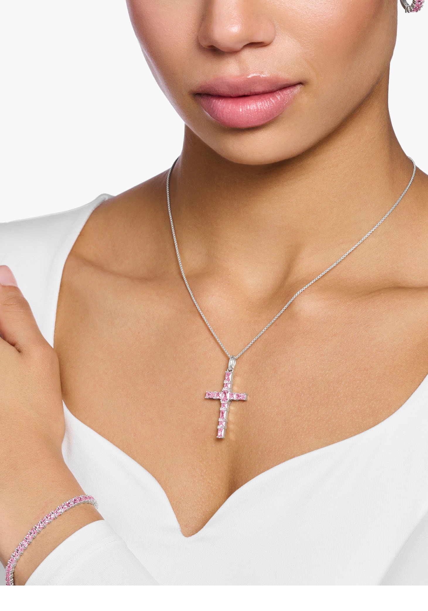 THOMAS SABO Kettenanhänger »Kreuz pinke oder bunte Steine, PE939-051-9, PE939-073-7«, mit Spinell (synth.), Zirkonia (synth.), Korund (synth.)