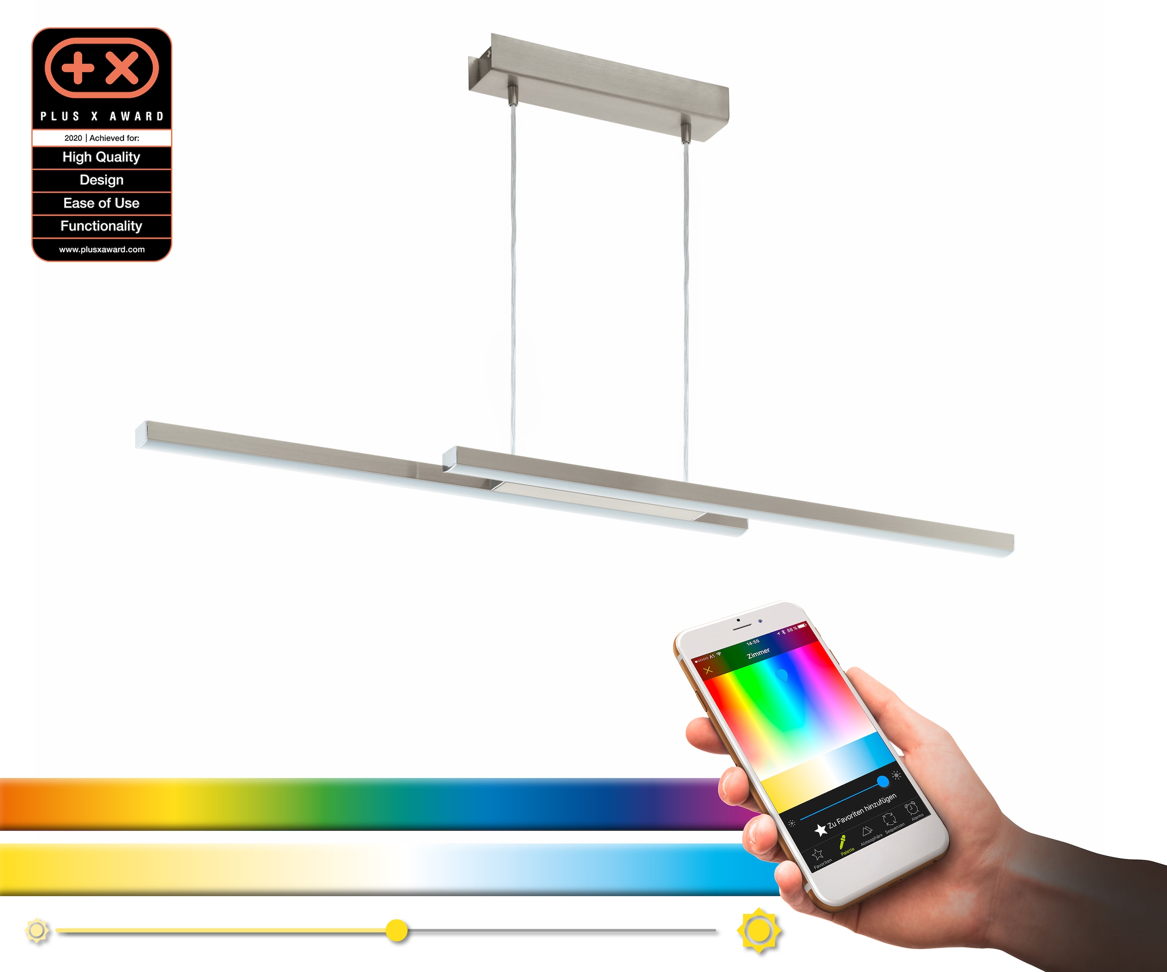 EGLO Pendelleuchte »FRAIOLI-C«, LED-Board, nickel-matt / L105,5 x H120 x B10 cm / inkl. 2 x LED-Platine (je 17W, 2300lm, 2700-6500K) / Eglo Connect - App - CCT Farbtemperatursteuerung - dimmbar - RGB Farbwechsel - Fernbedienung - Esstischlampe