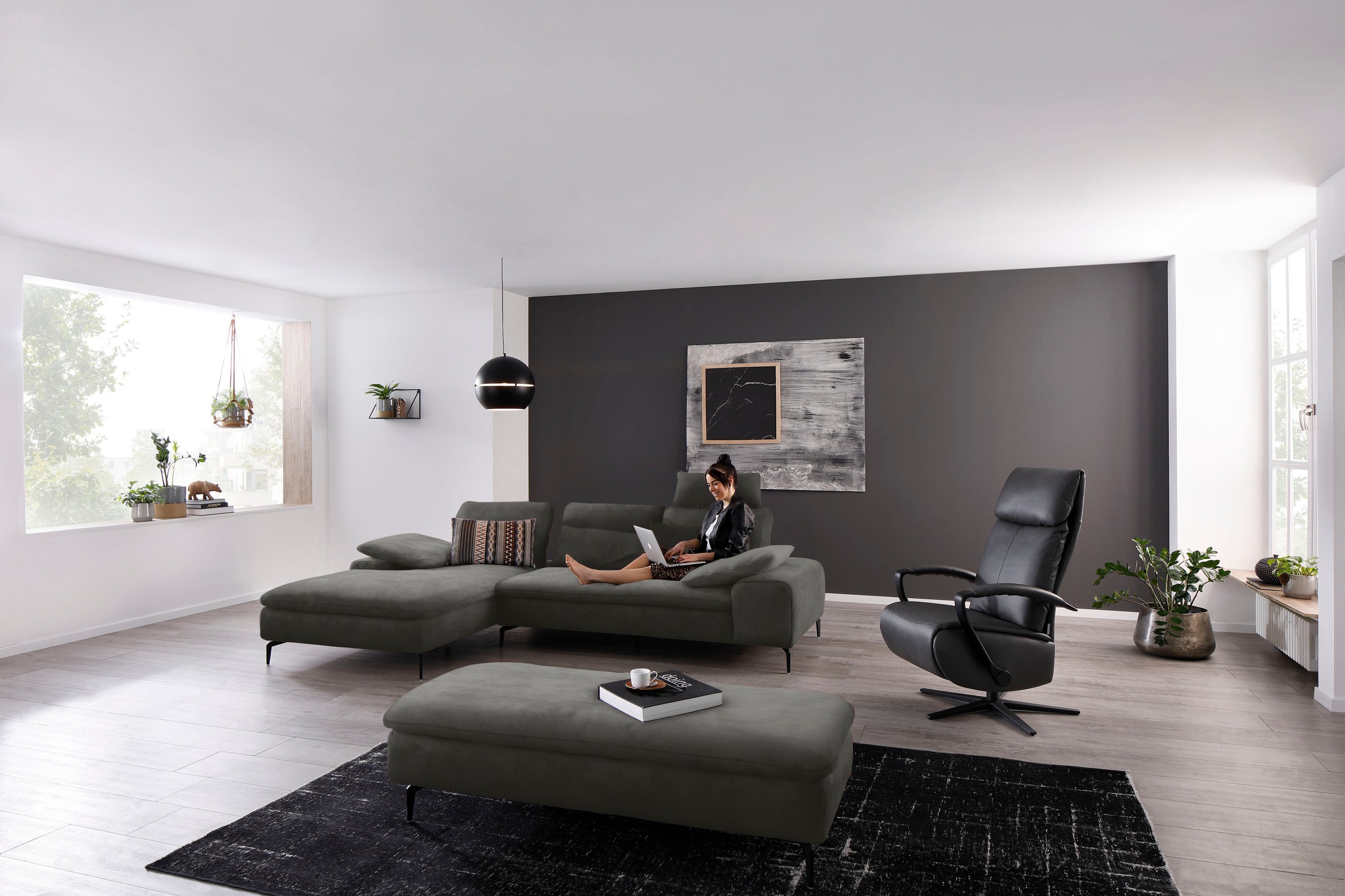 W.SCHILLIG Ecksofa »valentinoo, Designsofa, bequem, elegant und zeitlos, L-Form«, (Set), inklusive Hocker, mit Sitztiefenverstellung, Breite 299 cm