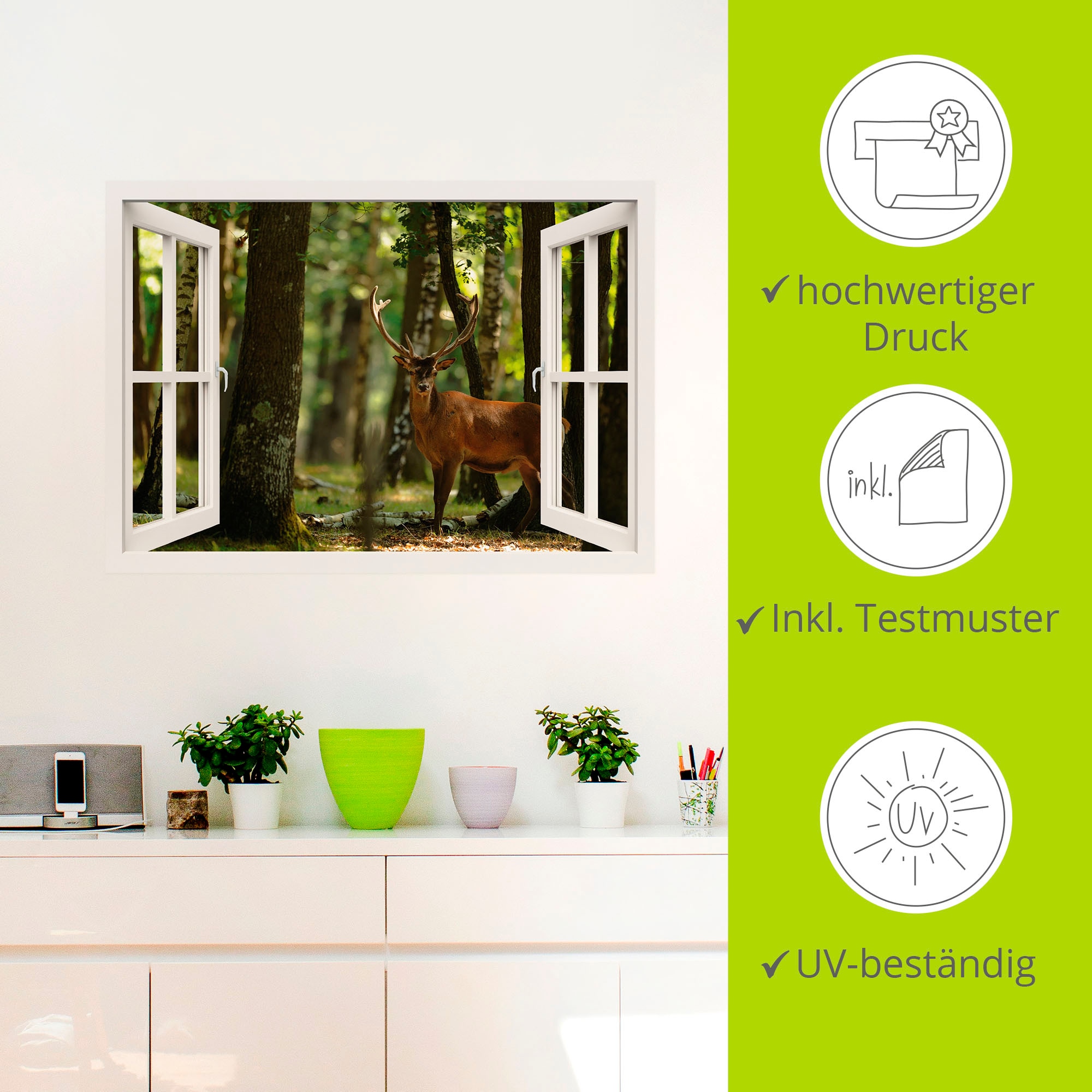 Artland Wandfolie »Fensterblick - Hirsch 4 - Wald«, Fensterblick, (1 St.), selbstklebend