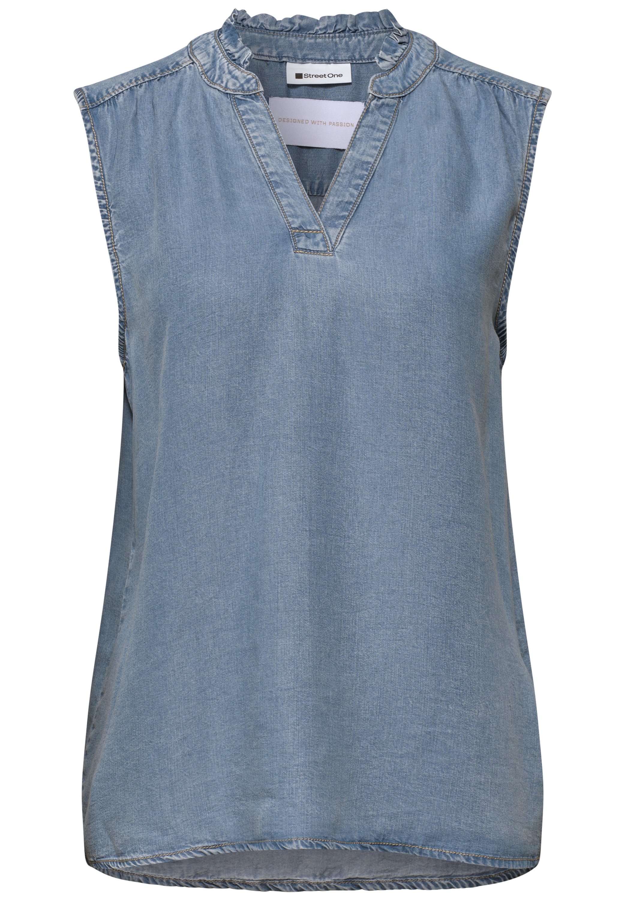 STREET ONE Blusentop Sommertop mit Rüschen im Denim-Look