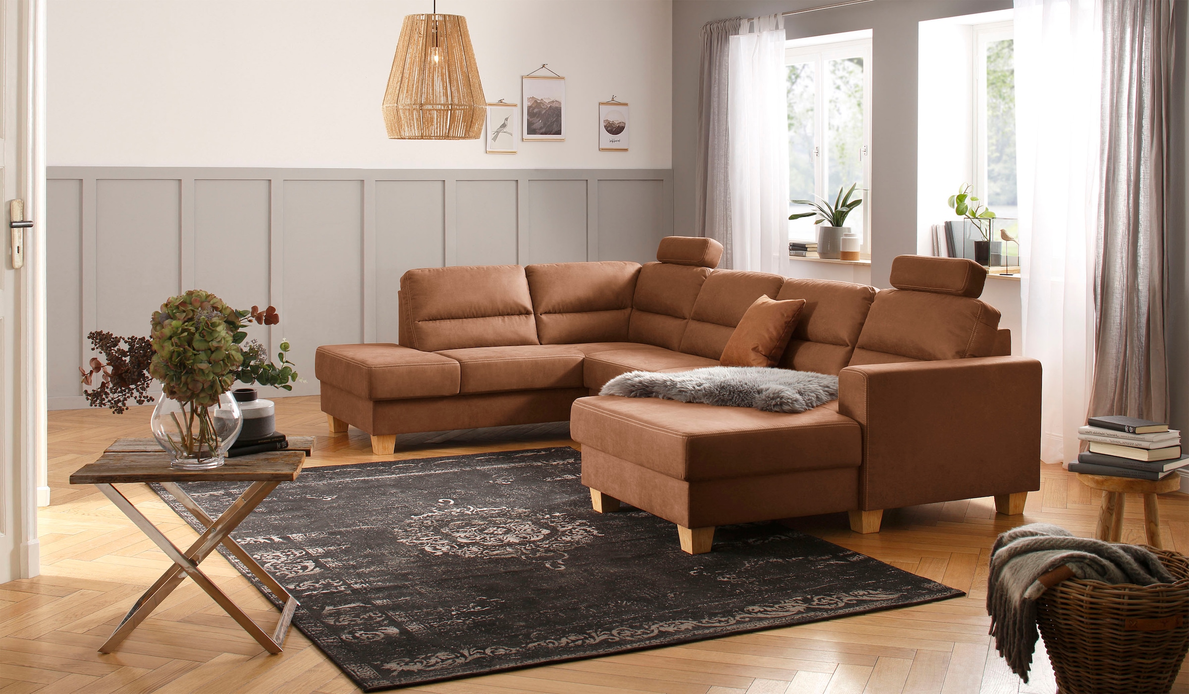 Home affaire Wohnlandschaft »Navan, U-Form«, wahlweise mit Bettfunktion und Kopfstütze