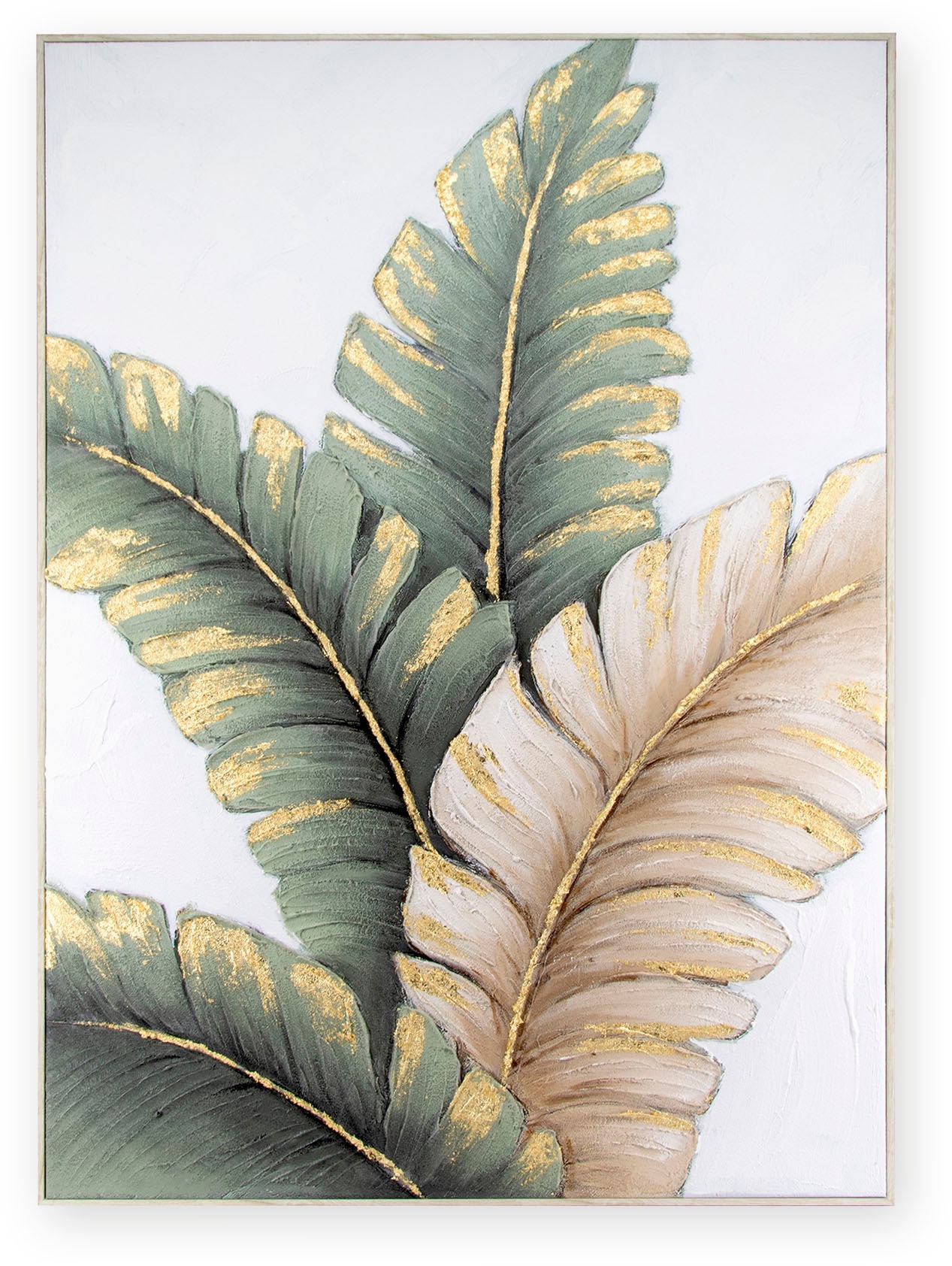 Art for the home Leinwandbild »Blatter Neutral«, Blätter, (1 St.), Handgemalte Leinwand mit Goldmetallic, Lush leaves neutral - 100x70cm