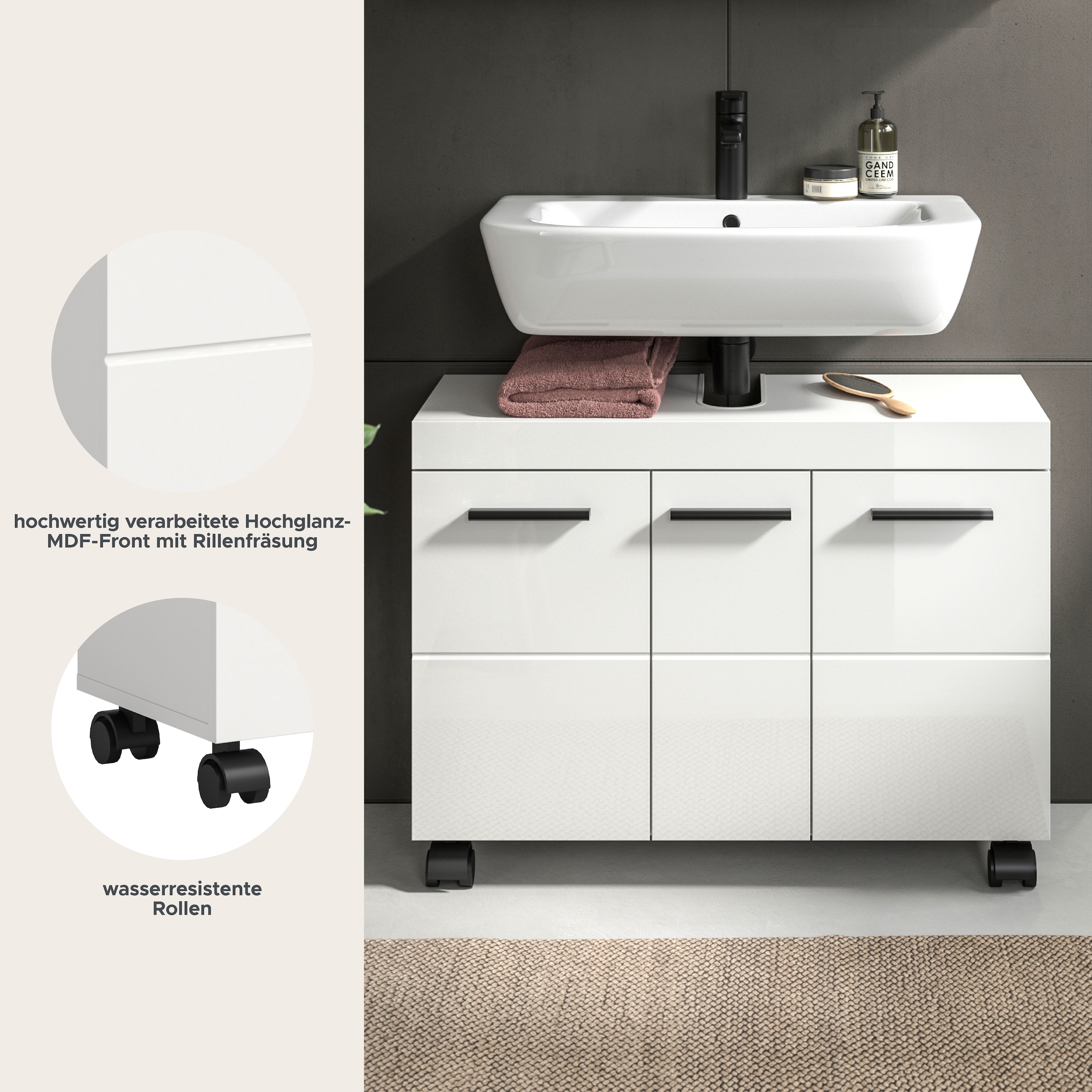 welltime Waschbeckenunterschrank »AVON, Breite 80 cm, 3 Türen, 3 Einlegböden, 6 Fächer« mit Siphonausschnitt 22x8 cm, Rückwand mit Ausschitt,  Badmöbel, Badschrank, Unterschrank, Waschtisch, Kommode, Bad