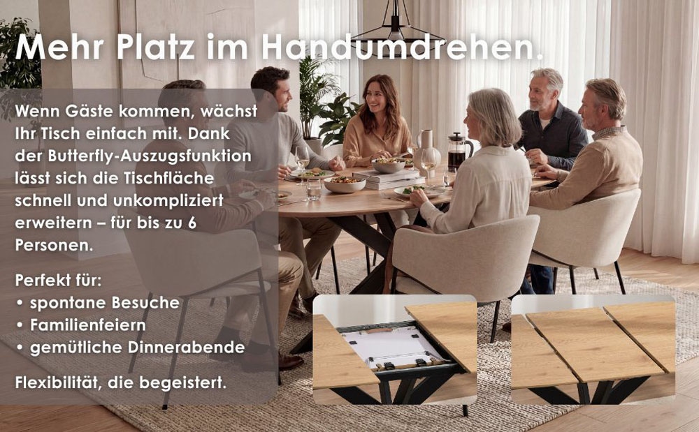 byLIVING Esstisch »NEVADA« Tischplatte Eiche natur, bis 100 kg, Säule (X-förmig), Mittelauszug