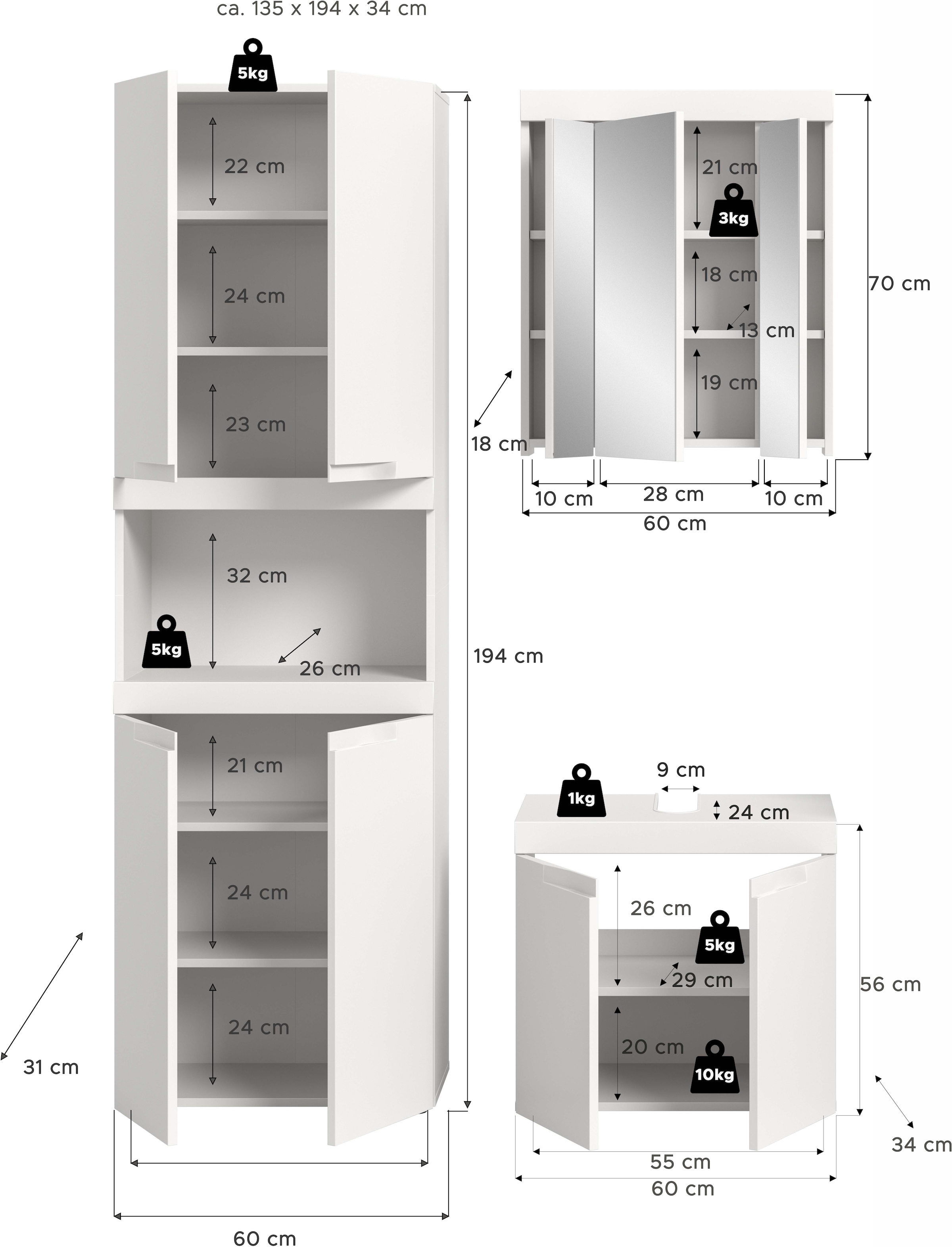 OTTO home Badmöbel-Set »MAOI, 3-tlg. Badkombi, hochwertige MDF Front, optional mit Beleuchtung«