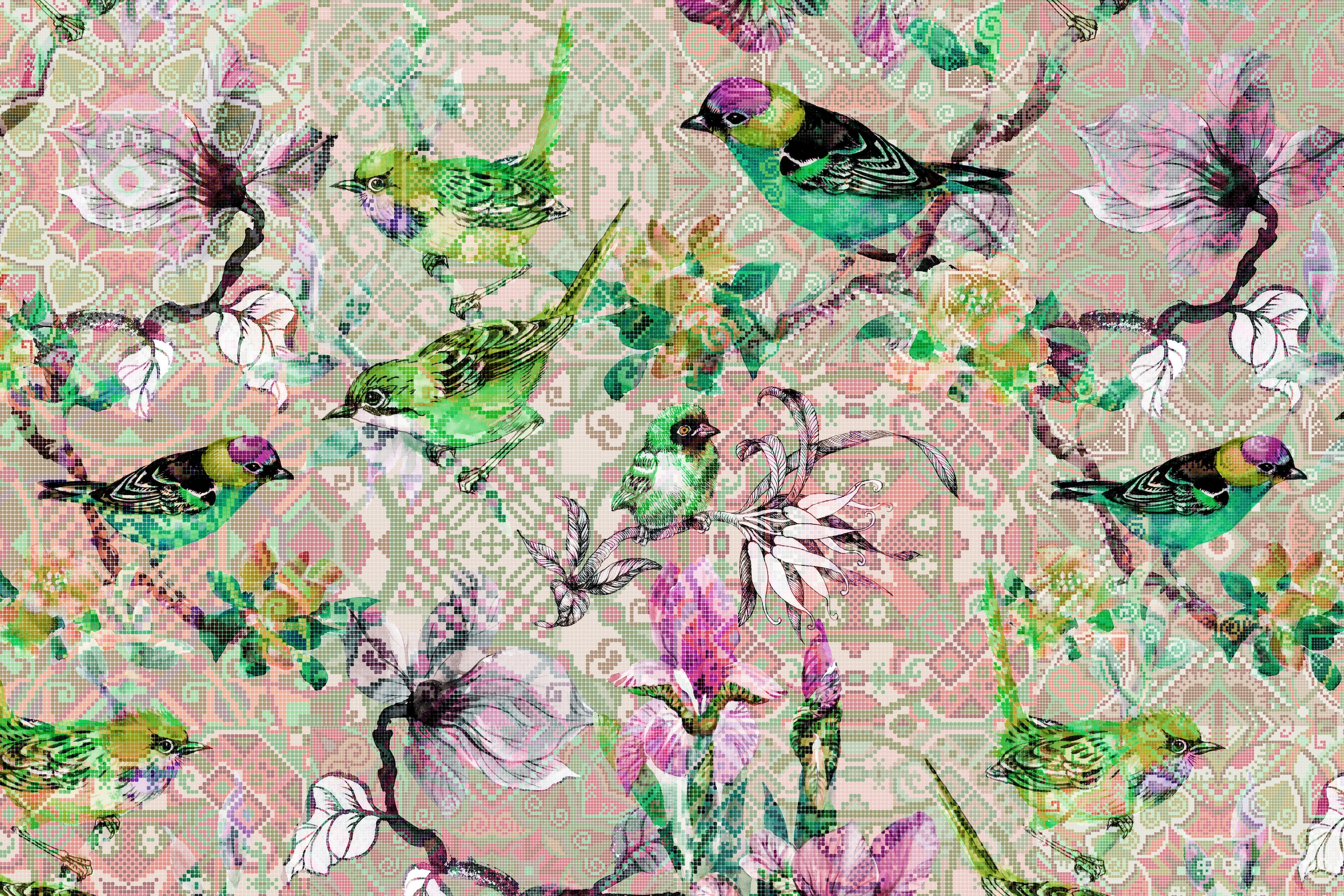 A.S. Création Leinwandbild »mosaic birds«, Kunst-Vögel-Kinder, (1 St.), Mosaik Keilrahmen Floral Blumen Vögel Leinwand-Bild Wohnzimmer modern
