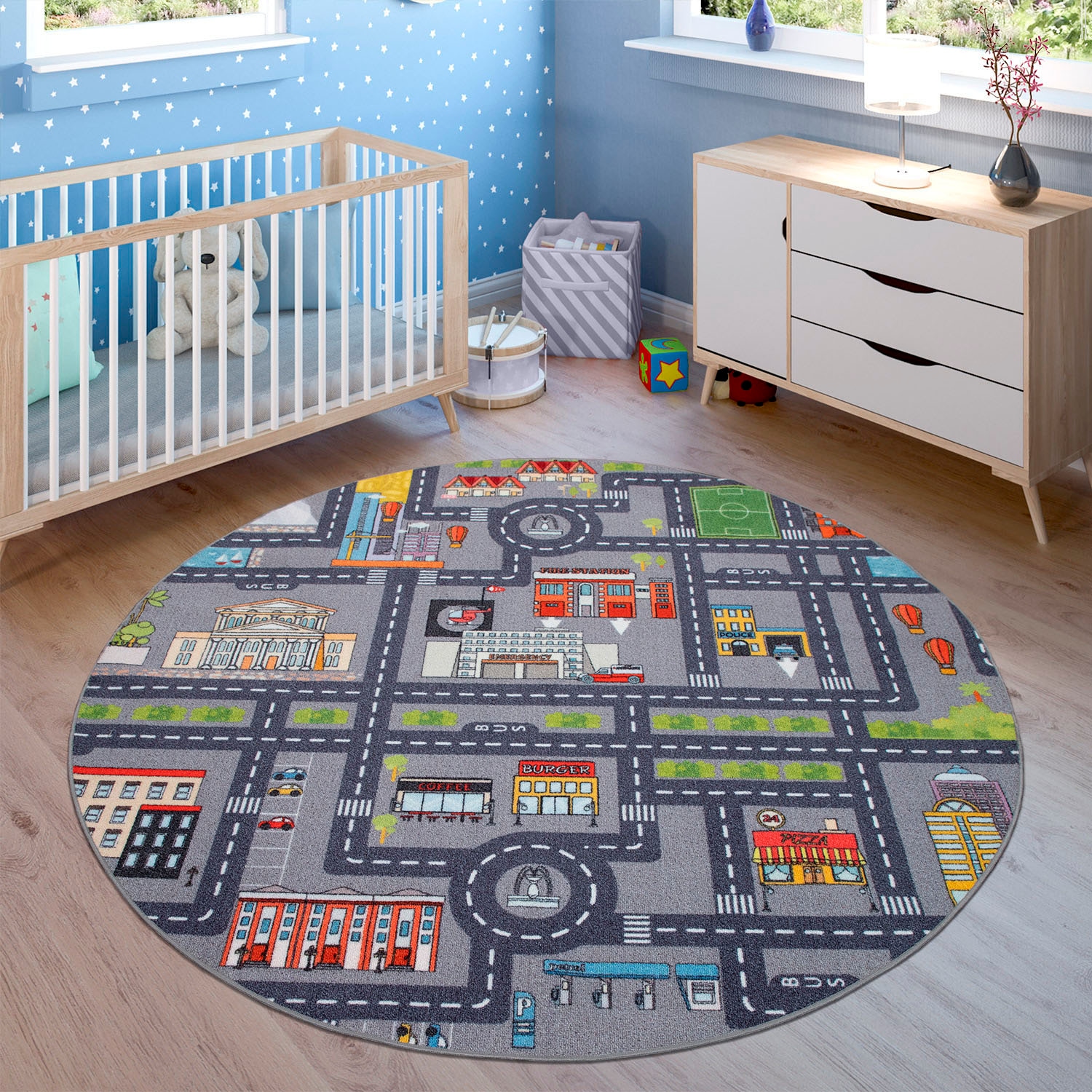 Paco Home Kinderteppich »Bino 575«, rund, 4 mm Höhe, Kurzflor, Straßen-Spiel-Teppich, Kinderzimmer